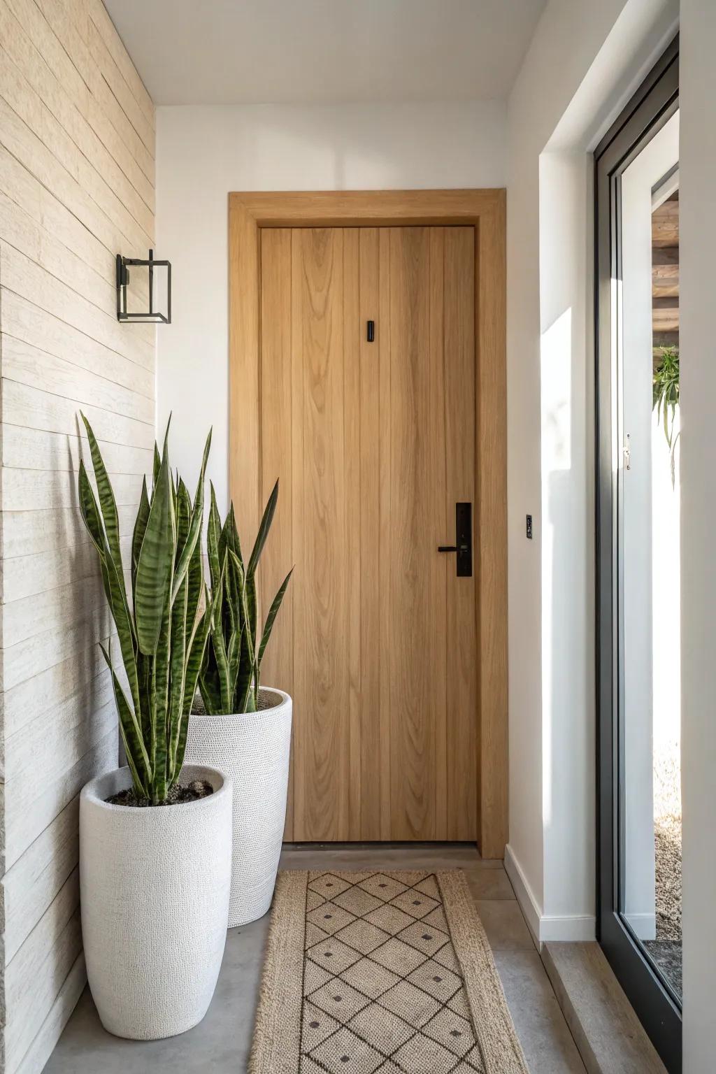 Symmetry hack: matching planters by the door make even the tiniest entry feel curated.