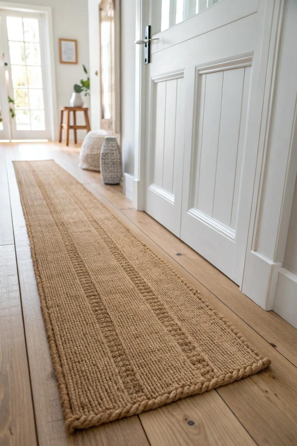 Warm jute runner texture that instantly calms a small entryway—simple, natural, timeless.