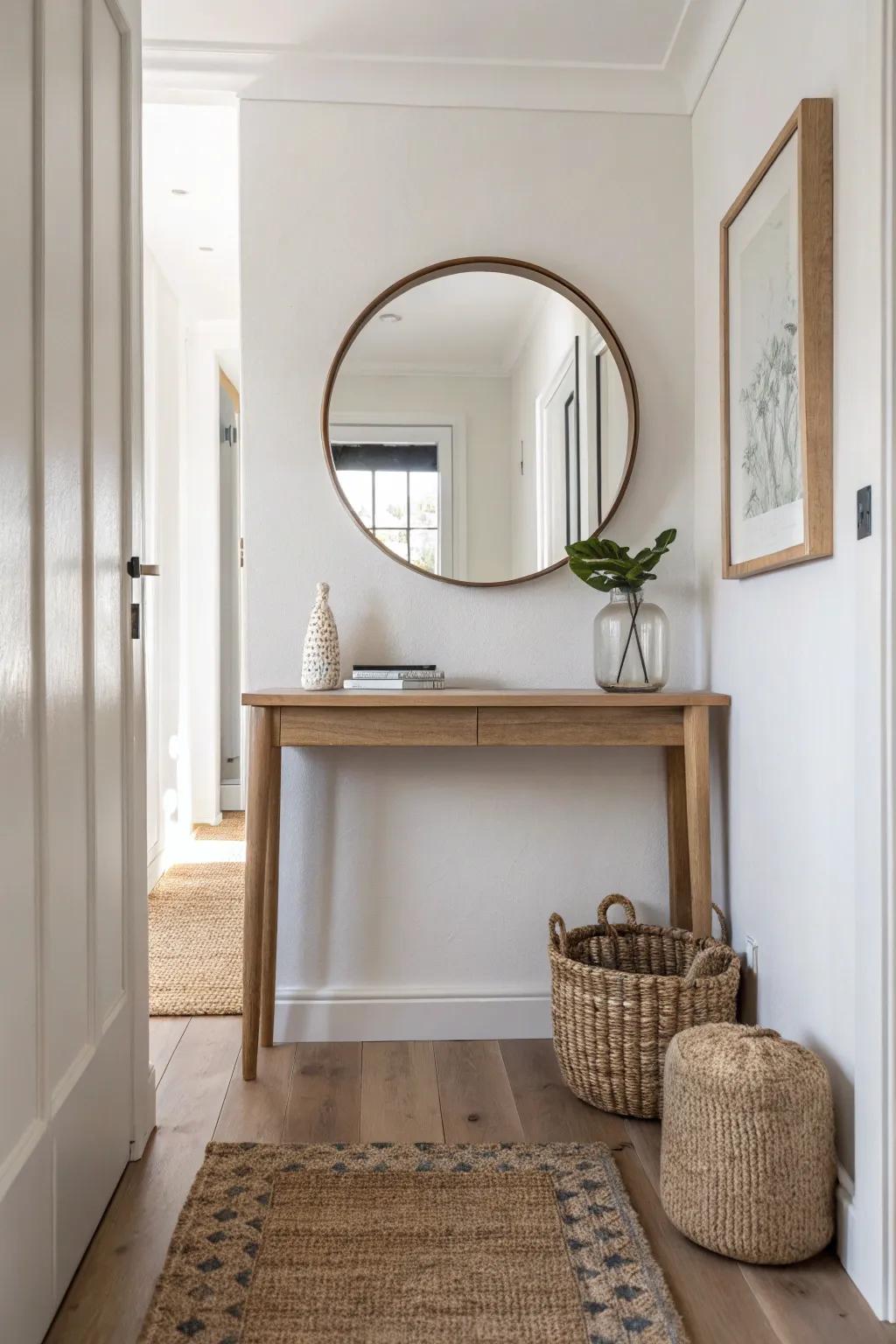A classic slim console with a centered round mirror—simple, bright, and instantly finished.