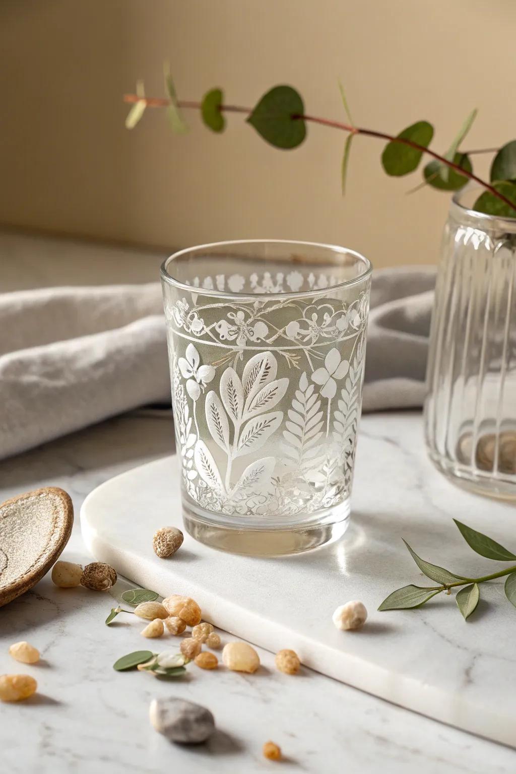 Elevate your table setting with nature-inspired etched glassware, where simplicity meets natural beauty.
