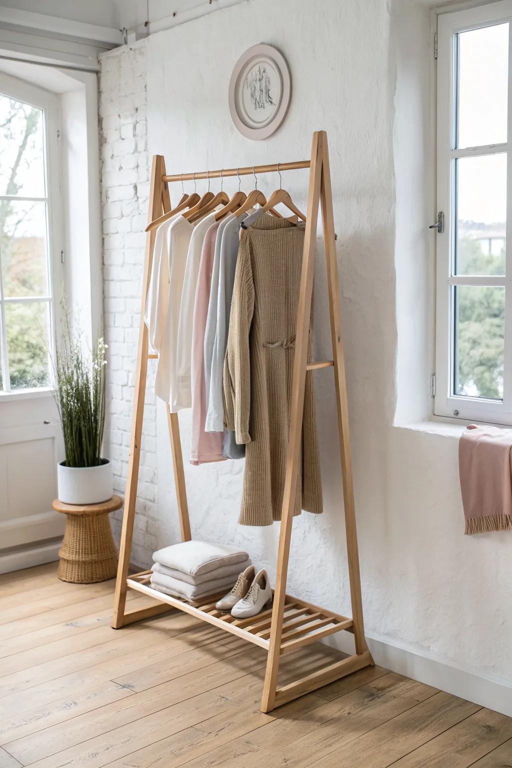 Freestanding garment rack = an intentional “exposed closet” for tiny studios—edit and space it out.