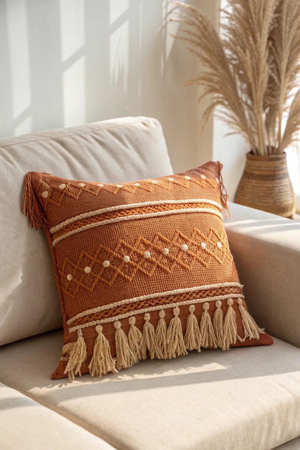 Rust-toned textured pillow cover on a cream sofa—instant fall coziness, zero extra storage.