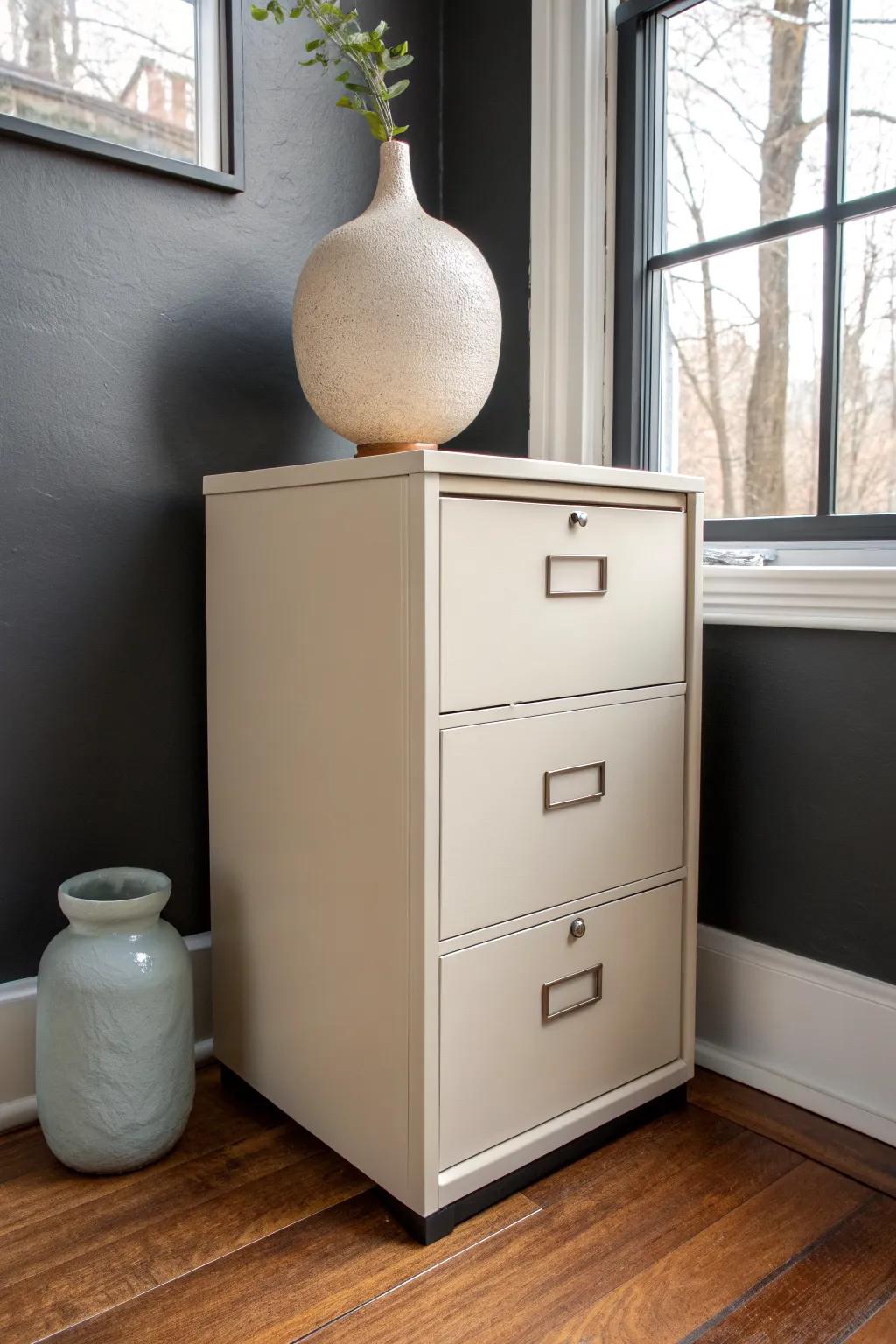 A simple all-over spray paint refresh turns a file cabinet into sleek, furniture-worthy storage.