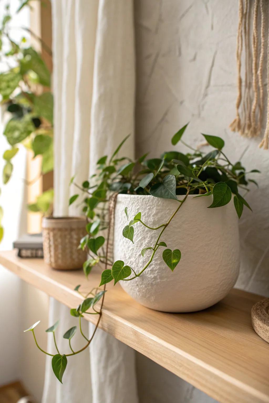 A single trailing vine over a floating shelf edge instantly softens lines and looks finished.