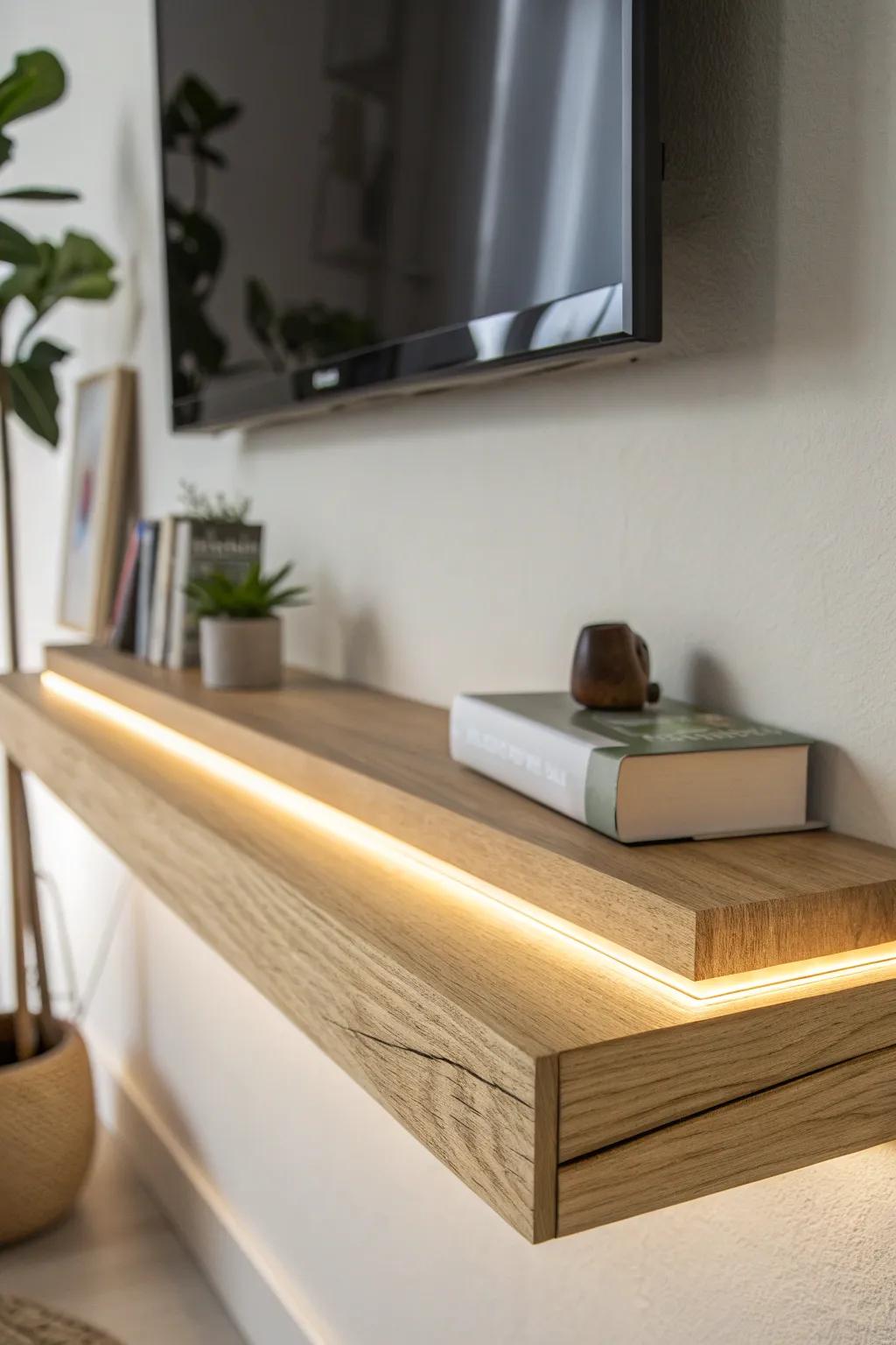 A hidden LED strip under the shelf edge creates a clean, gallery-like glow in small spaces.