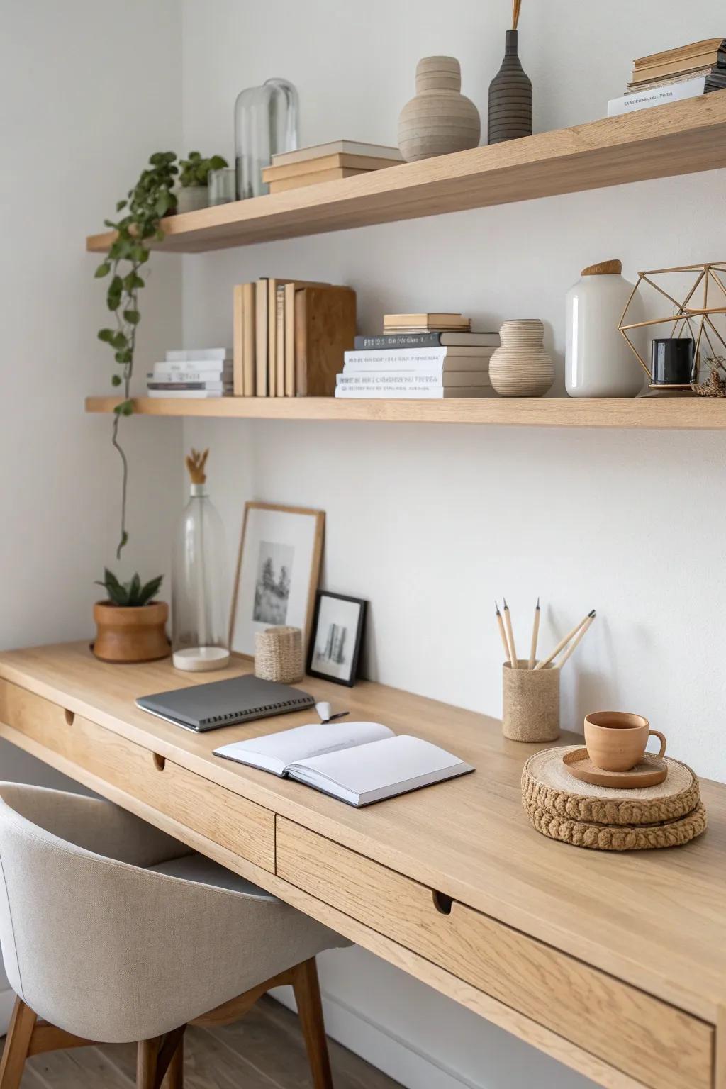 One long floating shelf instantly finishes a small desk—books, a plant, and one pretty container.