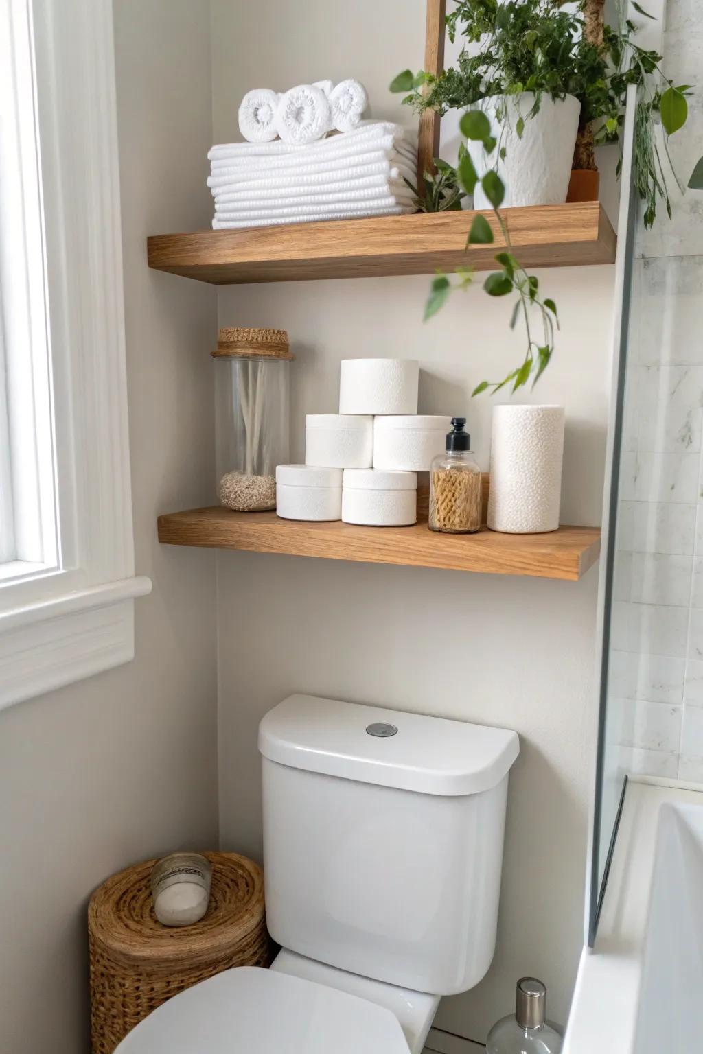 Classic two-shelf setup above the toilet—practical storage below, calm decor above.