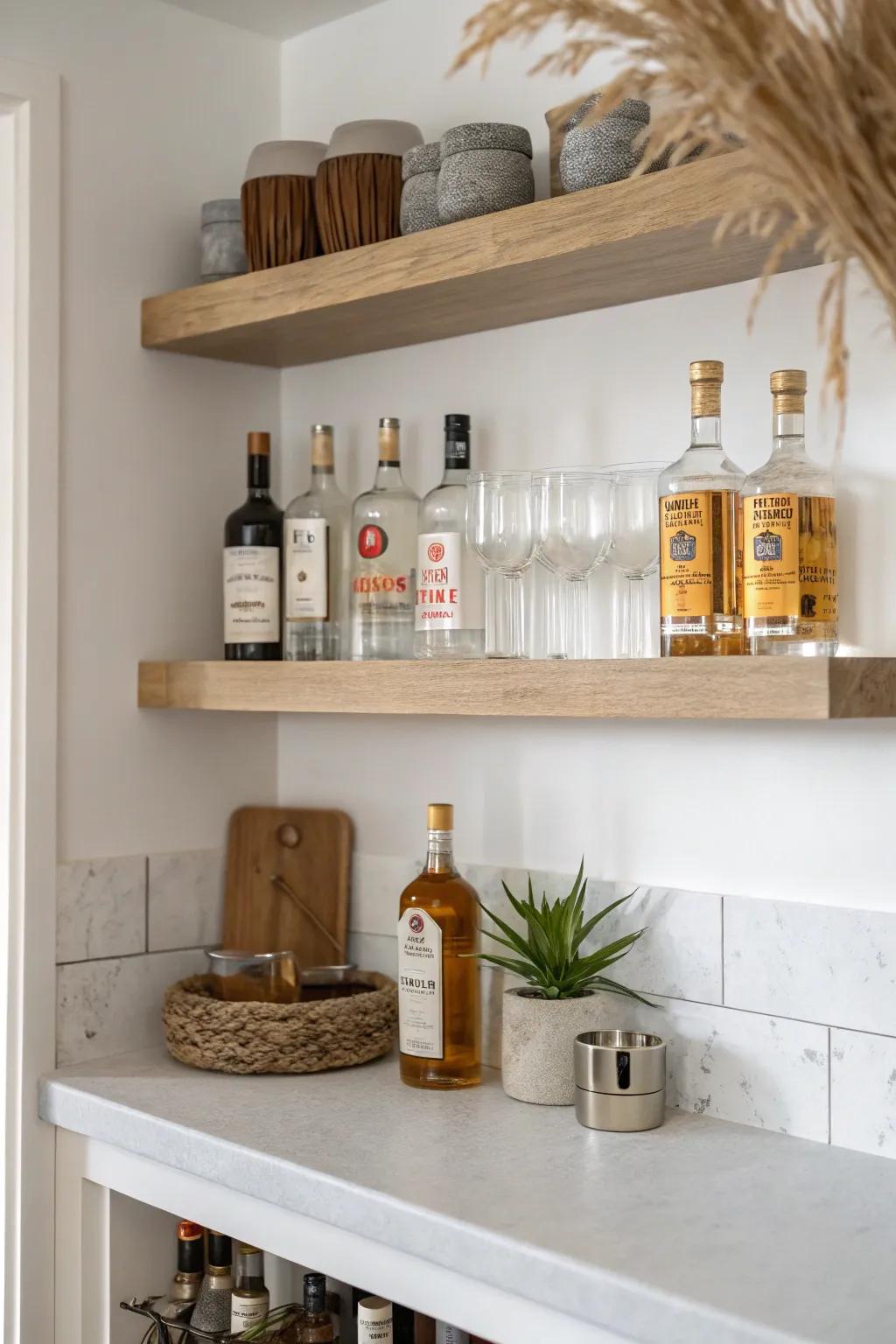 Classic two-shelf floating bar wall—everyday bottles below, guest glassware above.