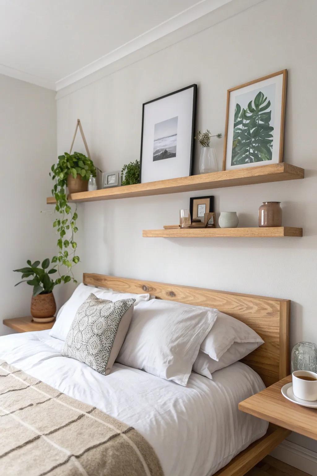 One long floating shelf above the bed—styled with art, greenery, and a simple catchall.