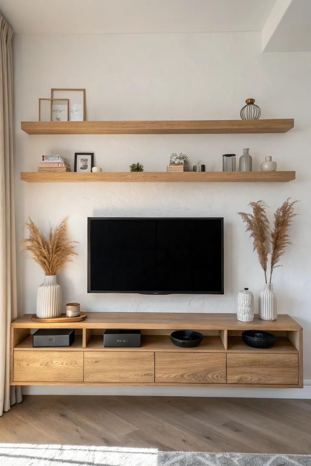 Balanced floating shelves on both sides of the TV for a clean, built-in look in small spaces.
