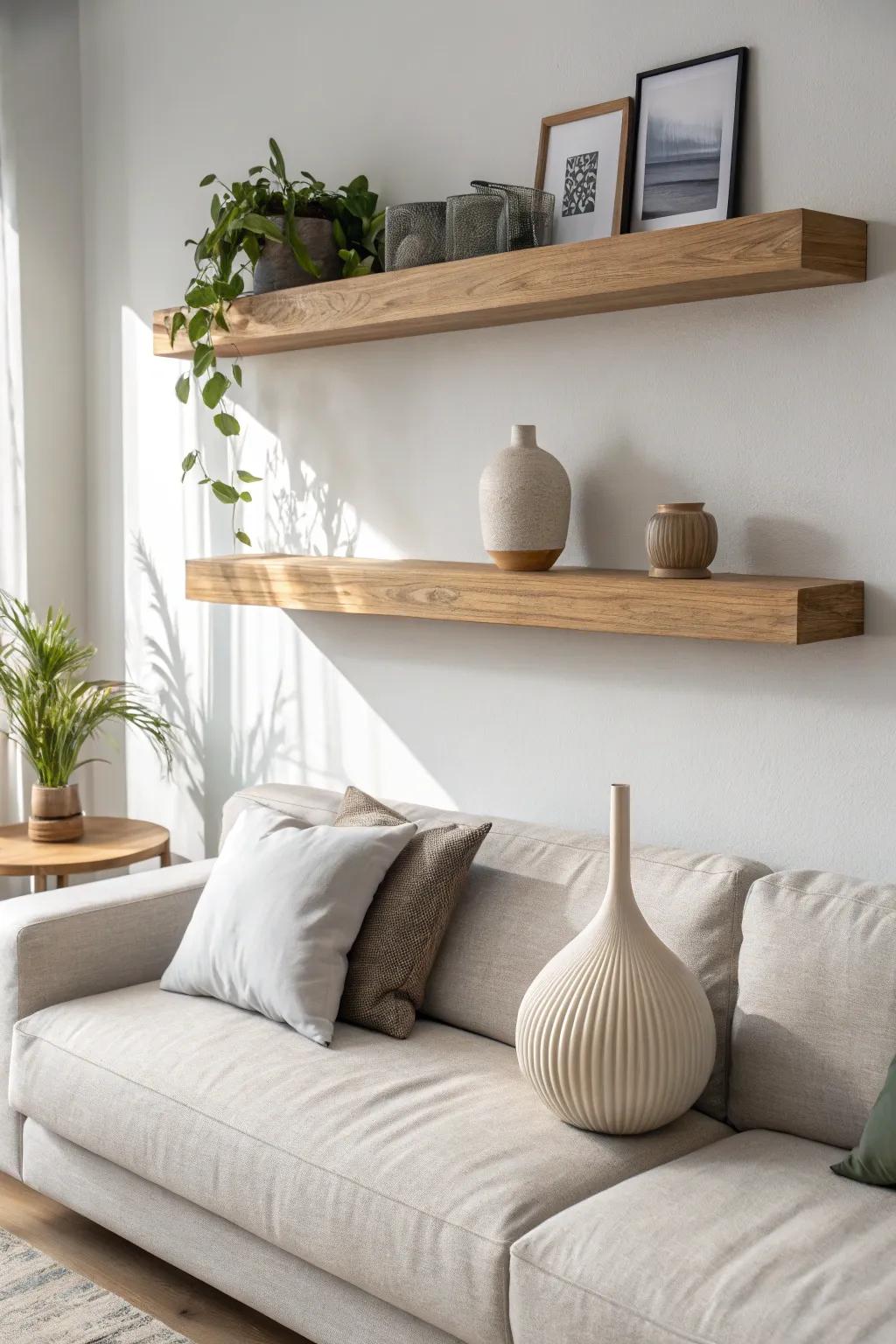 A single oak floating shelf above the sofa fills a blank wall without stealing precious floor space.
