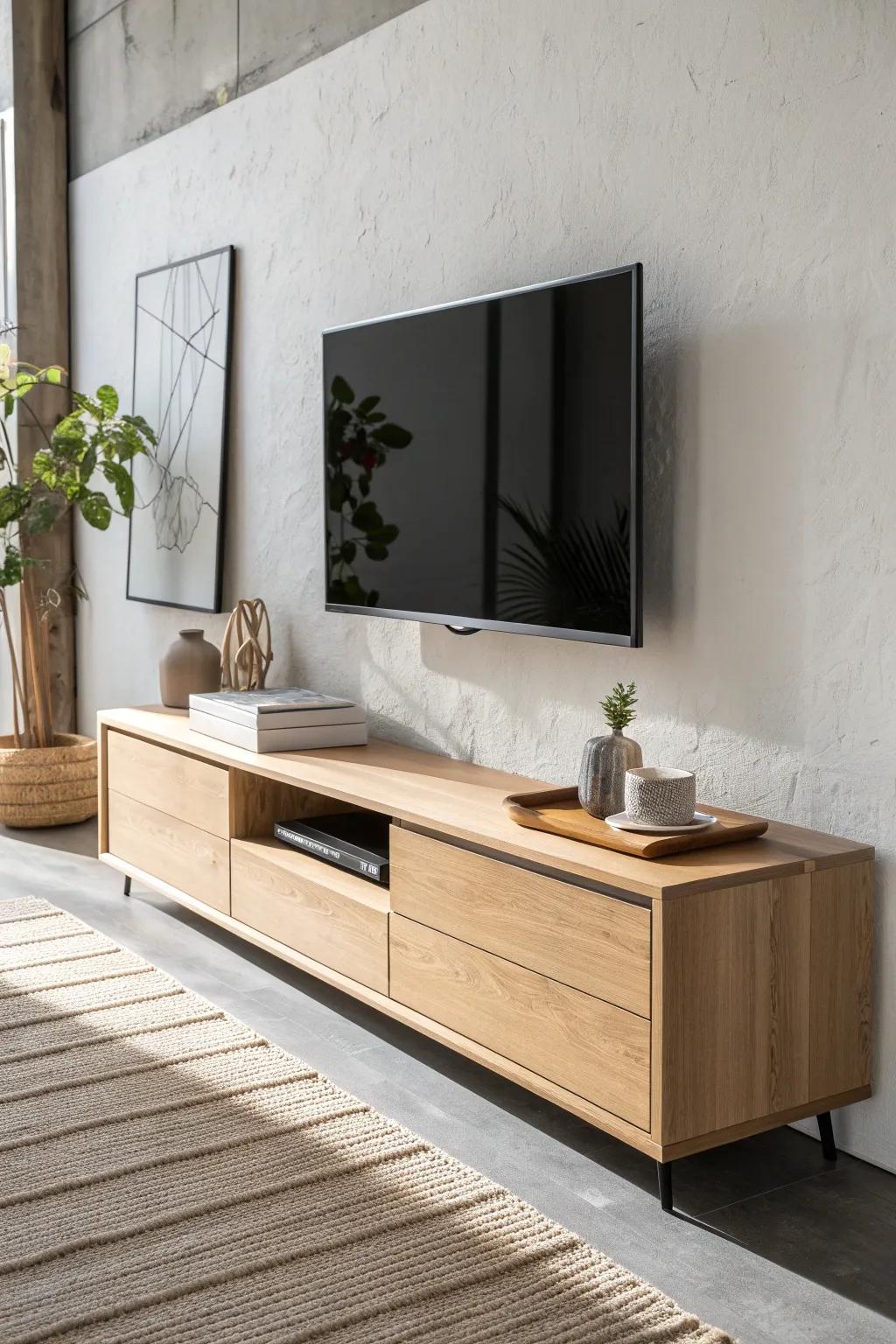 Sleek floating TV console: clean lines, warm oak, and just a tray + plant for calm.