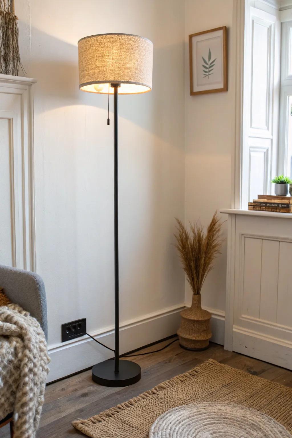 A slim corner floor lamp that brightens a small living room without stealing space.