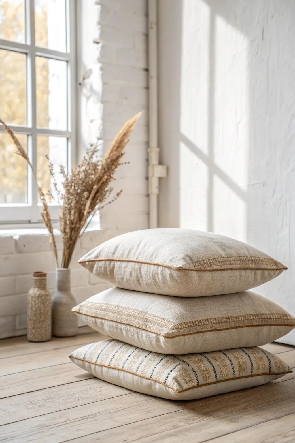 Oversized floor cushions stacked neatly—instant extra seating that still feels light and minimal.