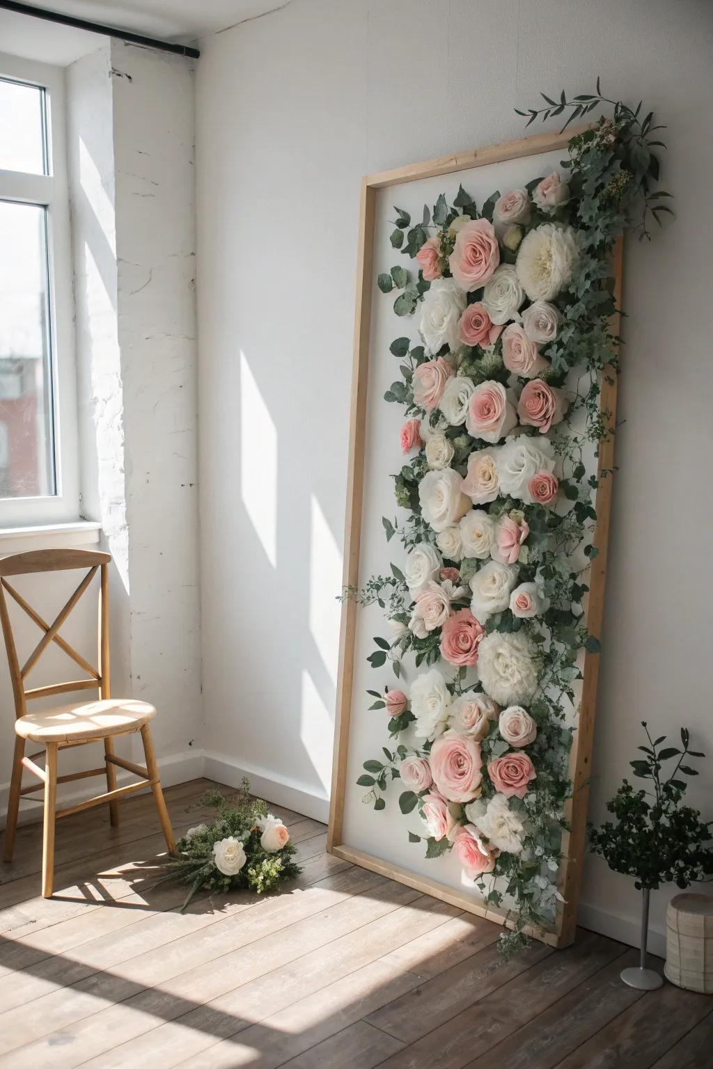 Full-coverage faux flower panel wall for a tiny-space photo corner—instant bloom texture.
