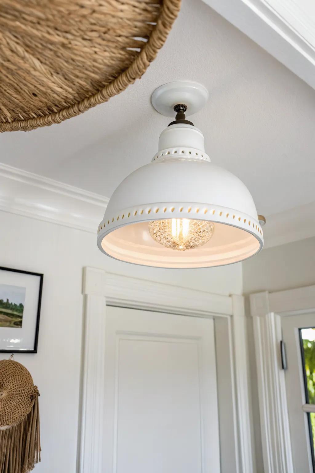 A simple white dome flush mount that brightens a narrow entry without adding visual clutter.