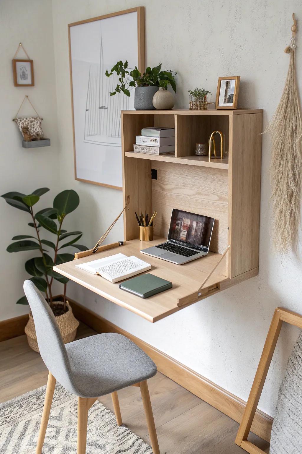 A fold-down wall desk that vanishes when you’re done—small-space work bliss in pale oak.