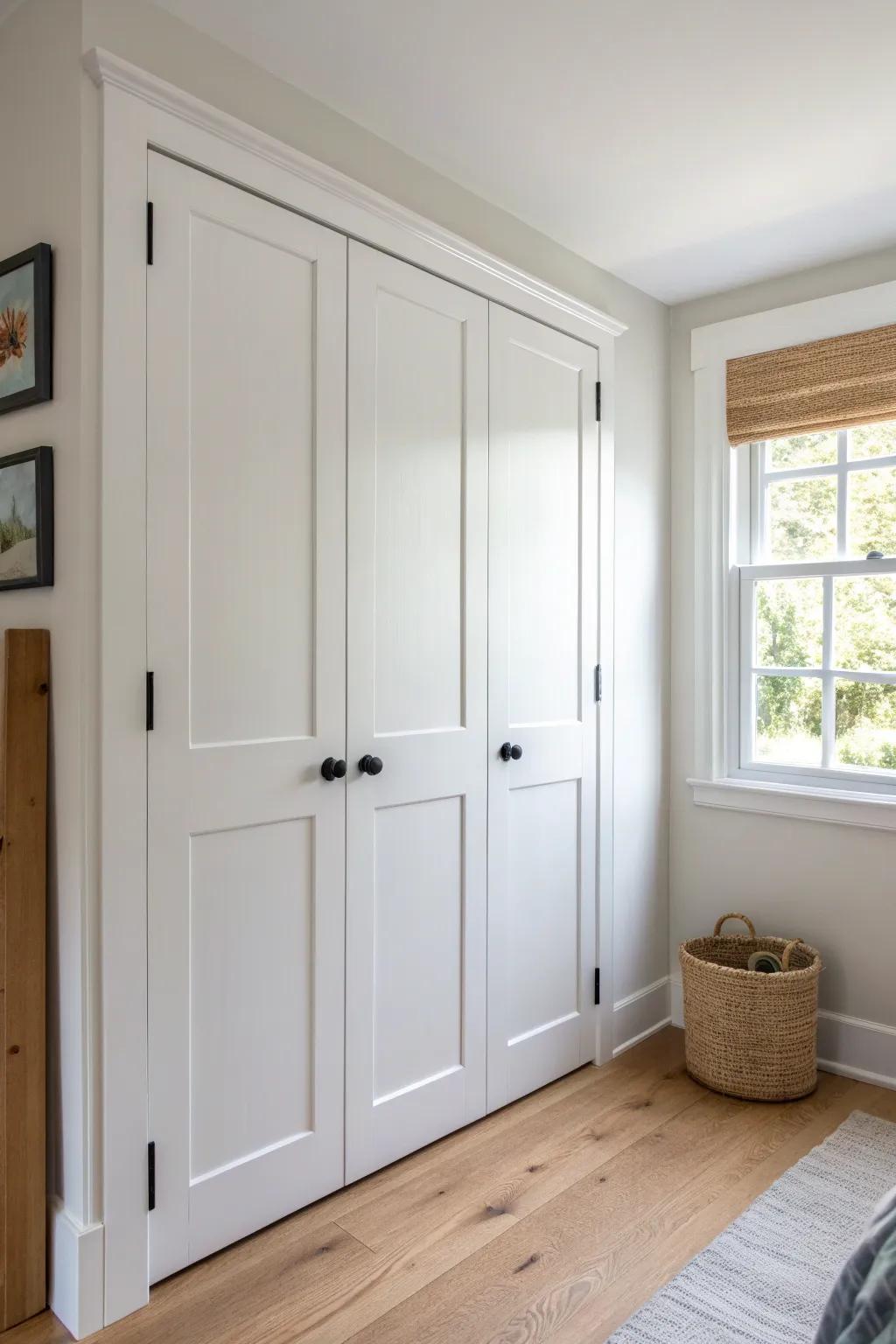 Classic bi-fold closet doors: wide access, zero door-swing drama for tiny bedrooms.