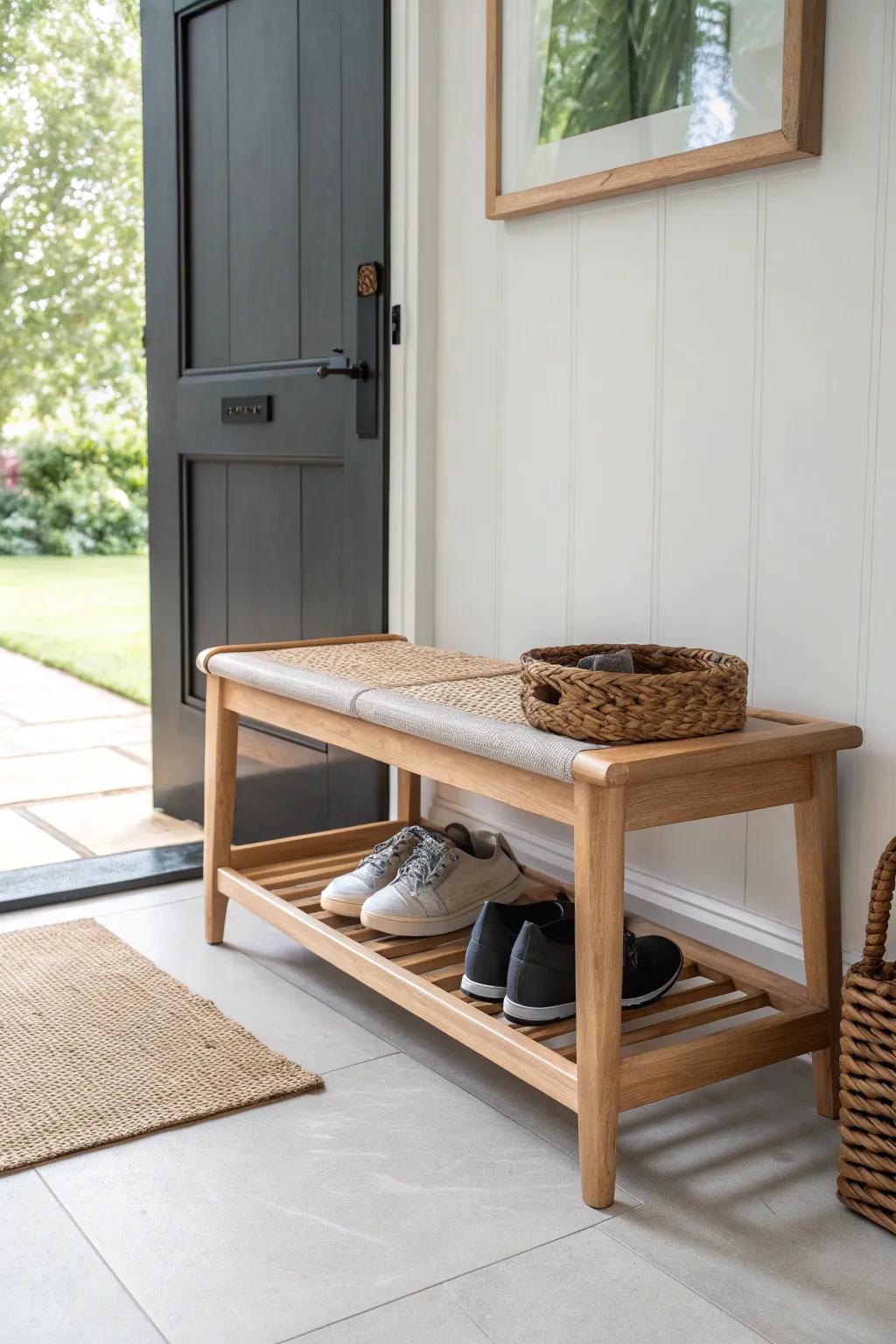 A slim bench with open shelf keeps entryway shoes tidy—small-space friendly and beautiful.