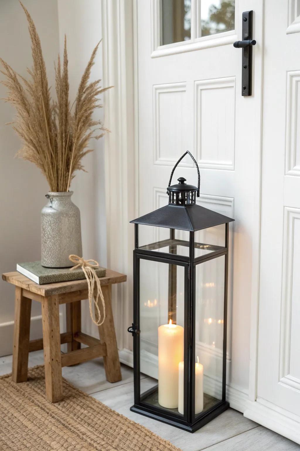 A classic slim lantern by the door—minimal, warm candle glow, and effortlessly pulled together.