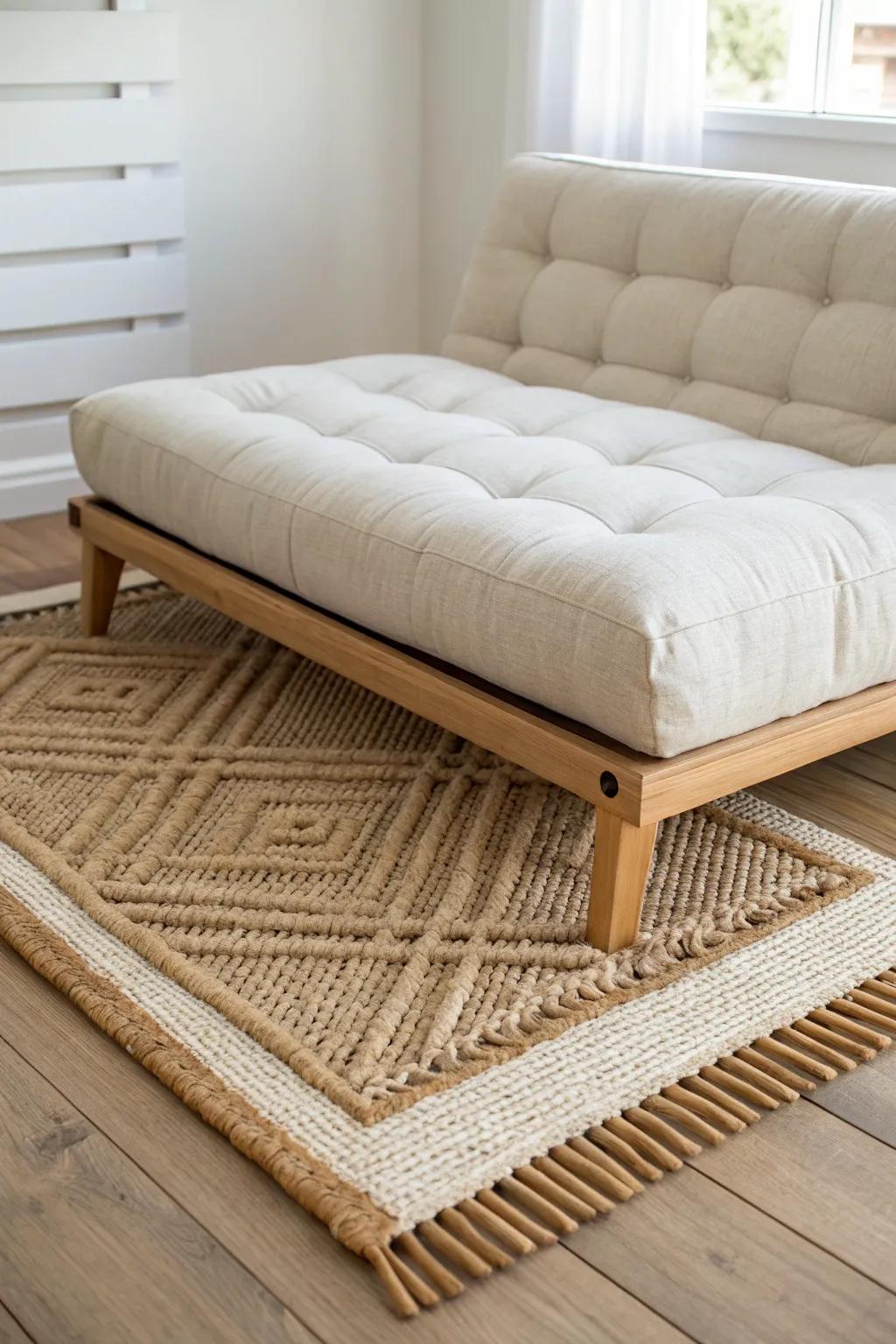 Ground a futon with a woven area rug to make even the smallest living room feel intentional.