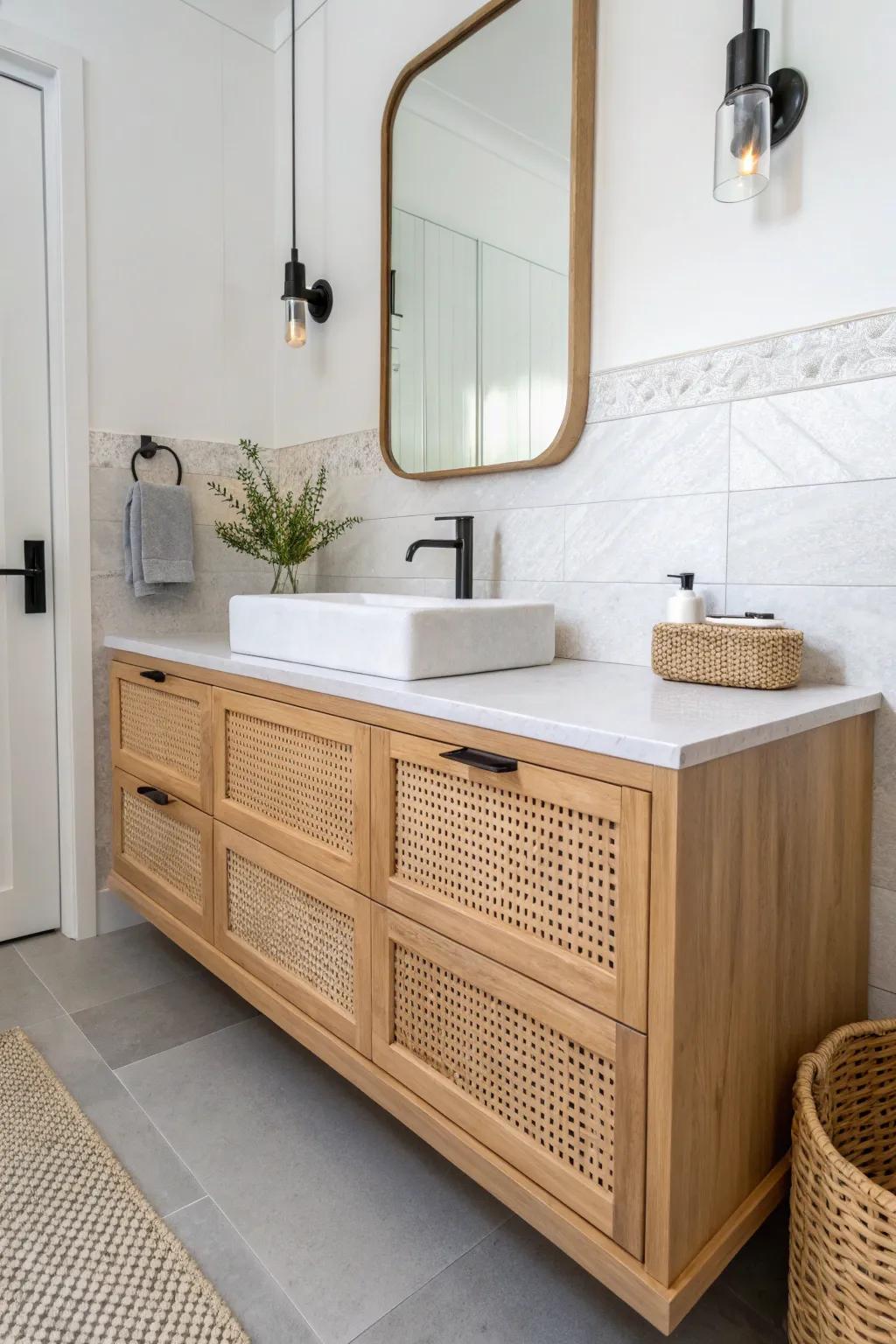A slim floating vanity keeps your galley bathroom’s center aisle open, bright, and serene.
