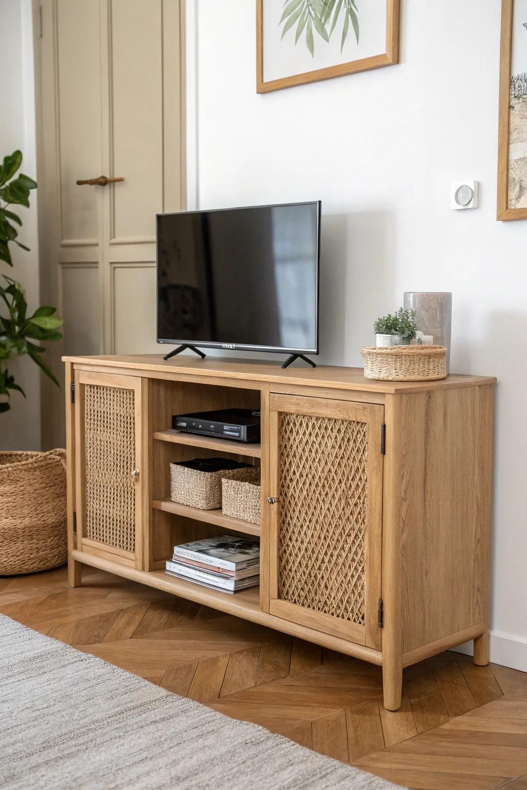 A door-front under‑TV cabinet hides consoles and cable clutter while keeping everything within reach.