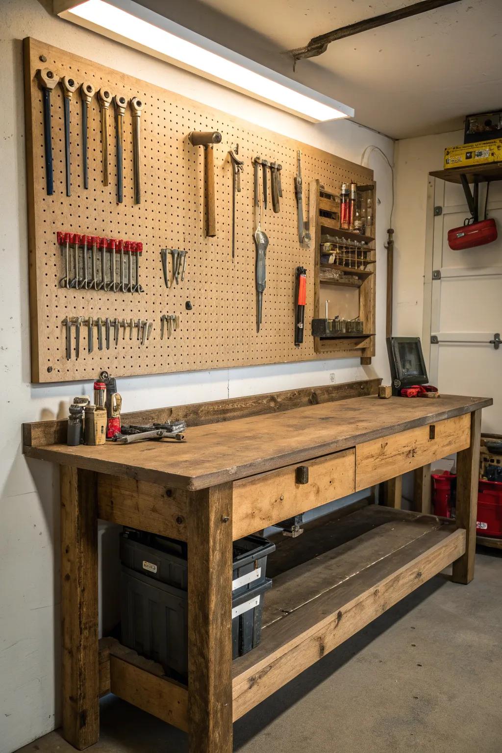 Elevate your workshop with the timeless charm of a classic pegboard setup, where organization meets craftsmanship.