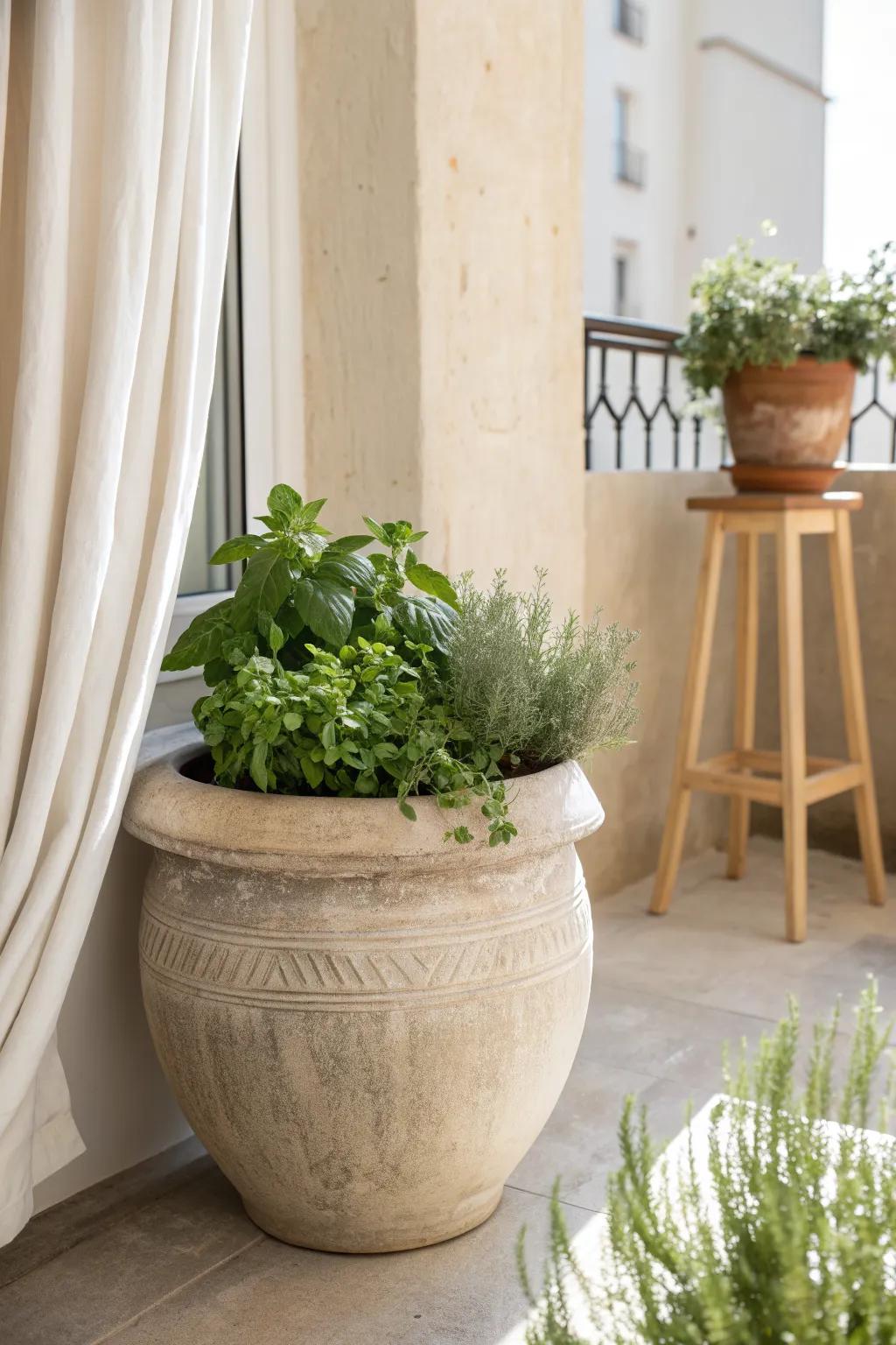 One beautiful oversized pot brings fresh herbs to even the smallest concrete space.