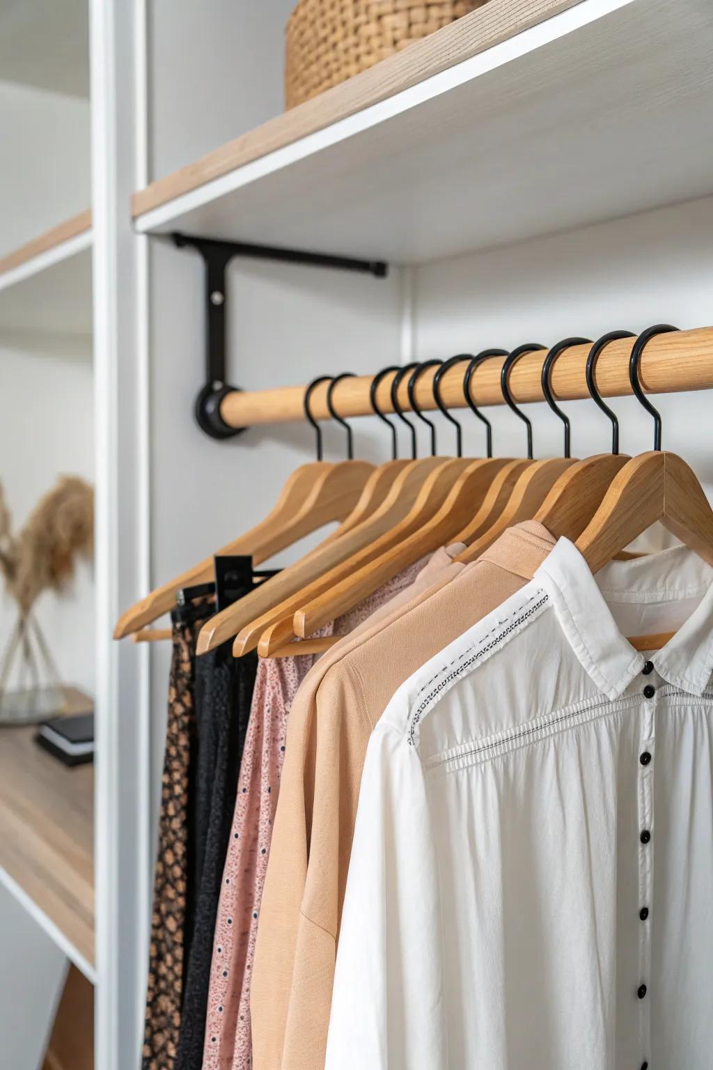 Double hanging rods double the space—pretty, practical, and perfect for quick school mornings.