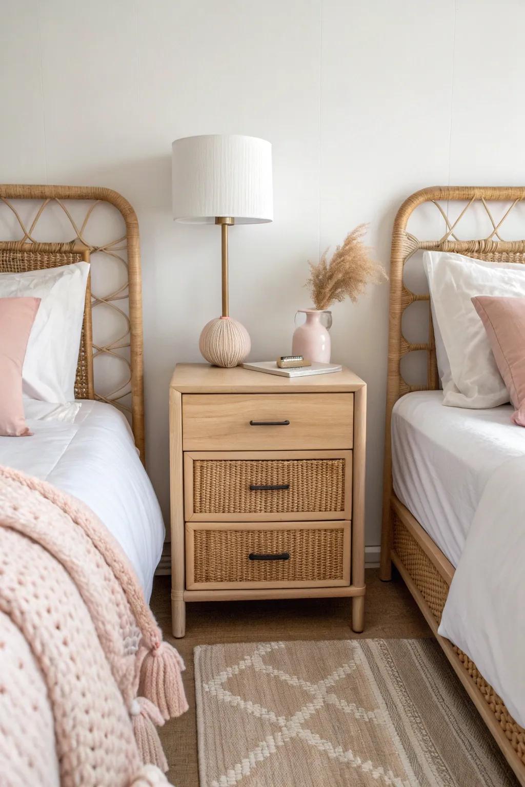 Twin beds, one shared nightstand—hotel-clean symmetry that saves space in a girls’ room.