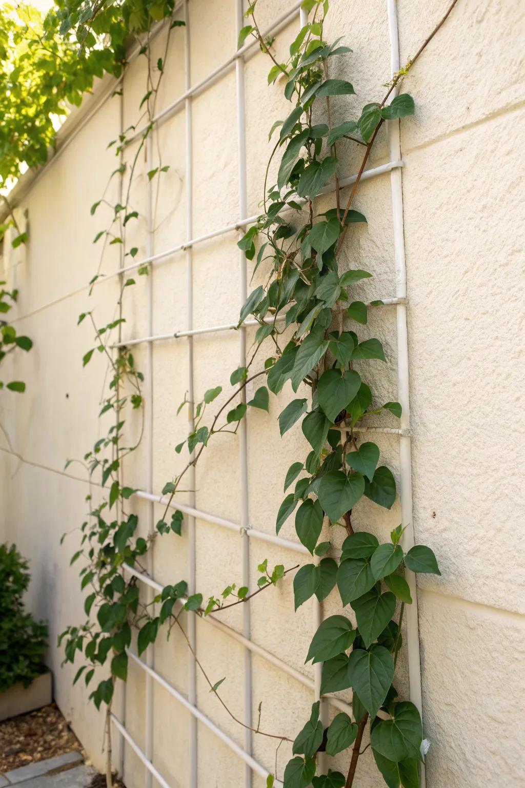 Budget-friendly green wall: climbing vines trained on simple wires become living wall art.