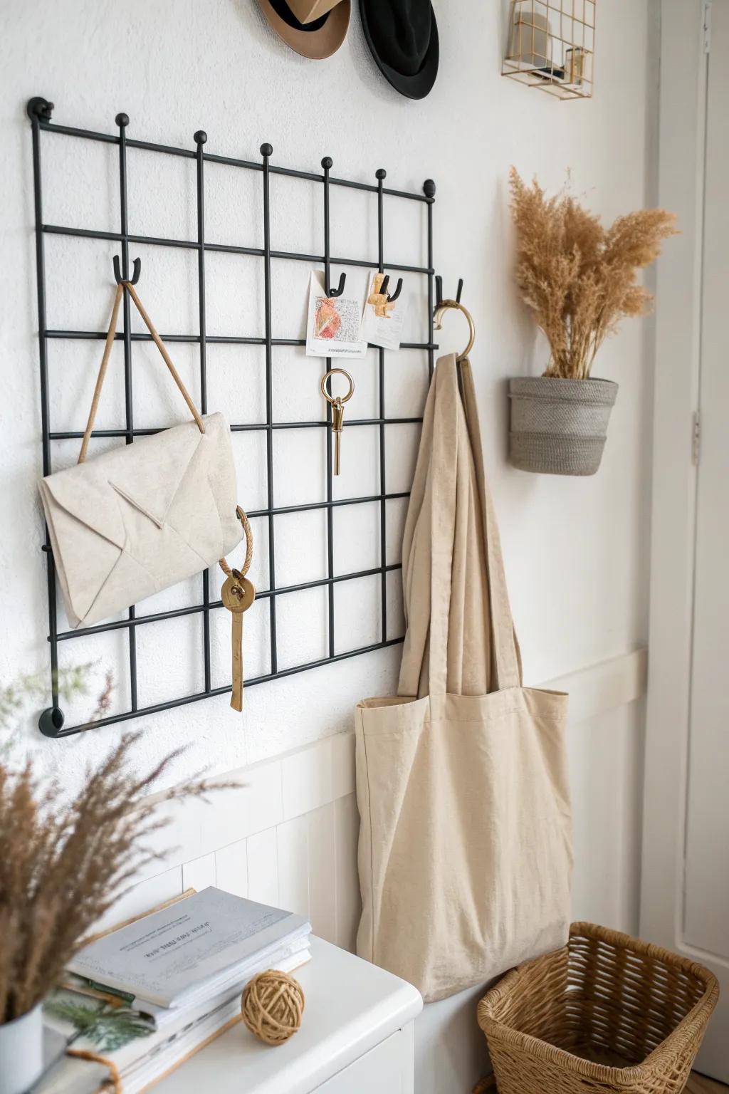 Entryway grid wall drop zone: hooks + wire basket keep keys, mail, and bags in place.