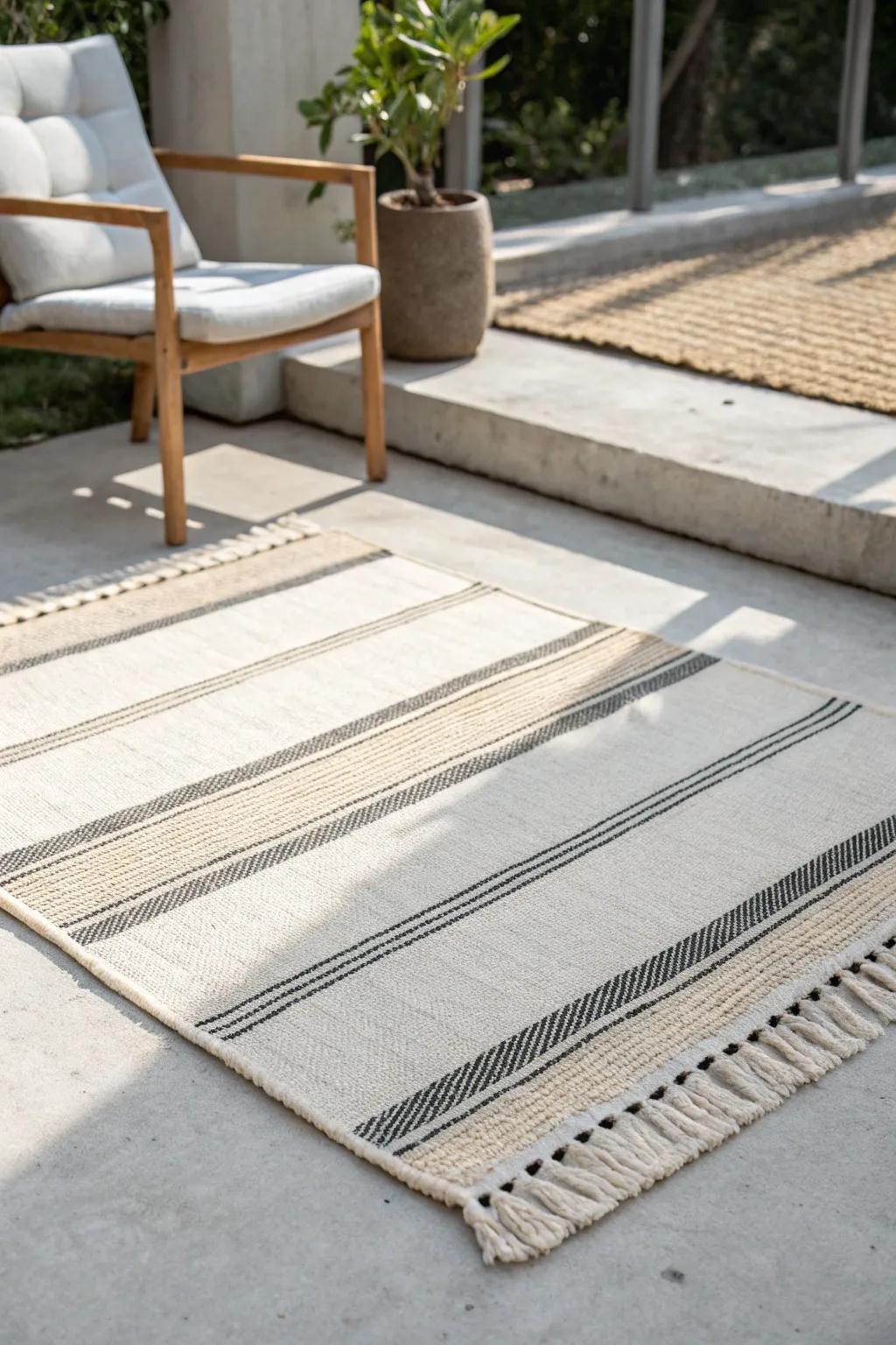 A single outdoor rug instantly turns a plain patio slab into a cozy outdoor living room.