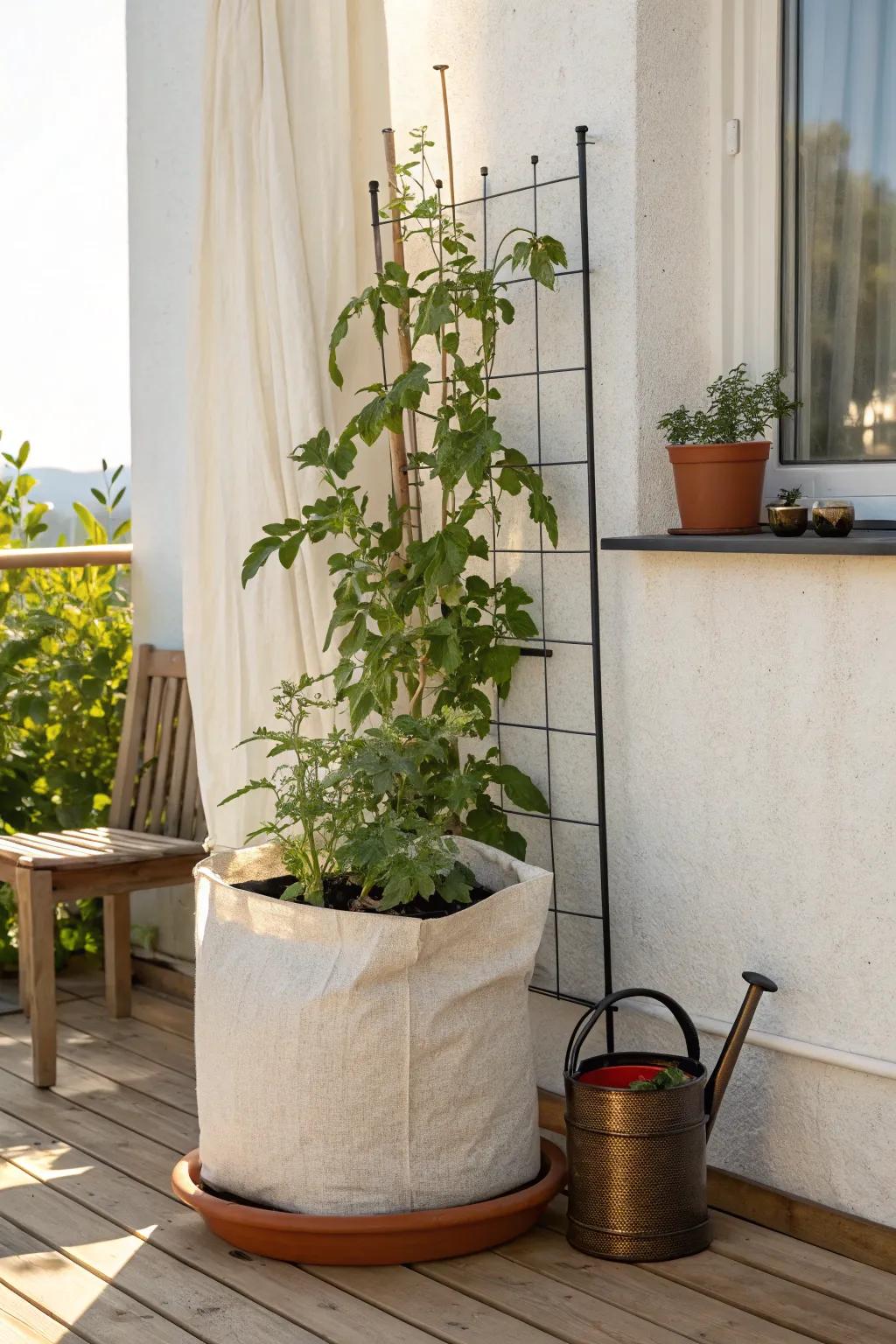 One grow bag + sturdy cage = a tidy, sun-soaked tomato powerhouse for tiny patios.