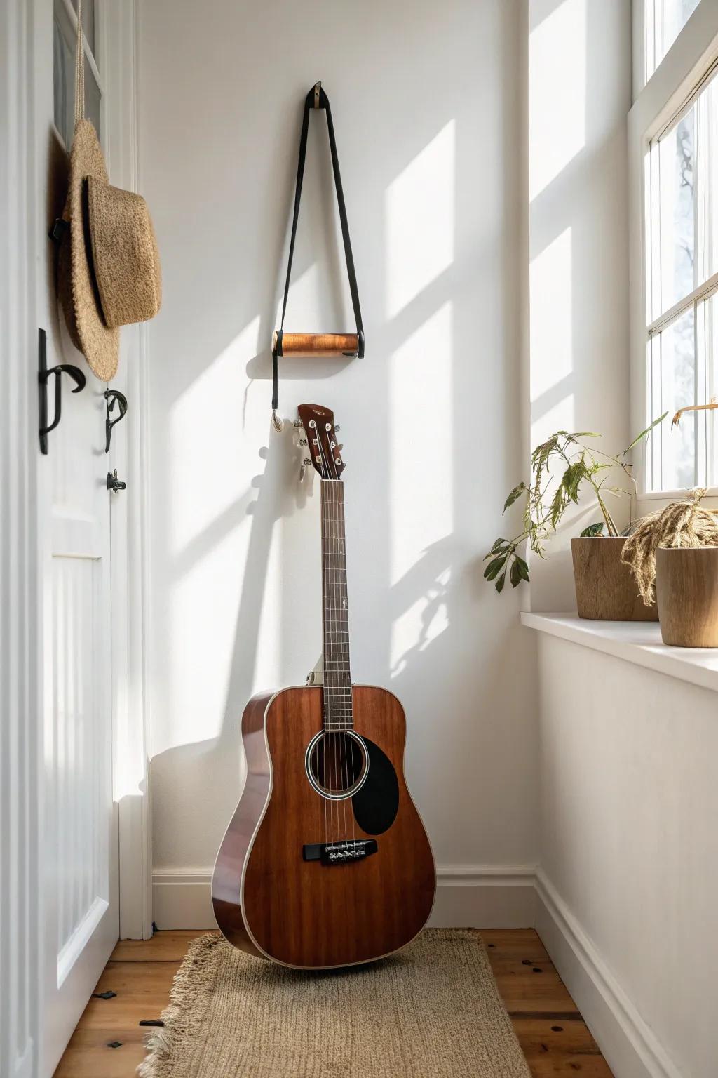 A classic wall hanger turns one guitar into art—minimal, warm, and small-space friendly.