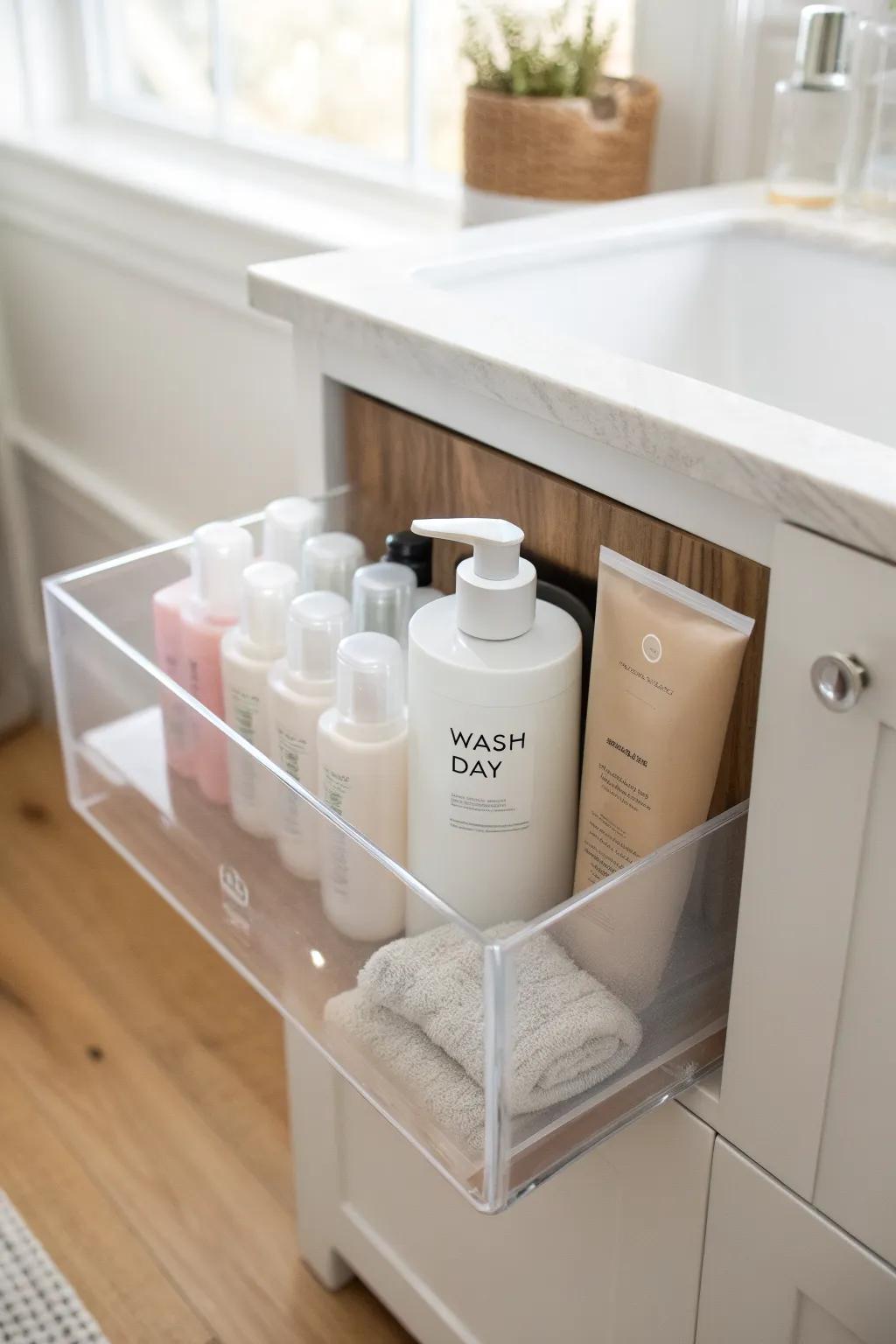 Clear labeled bins by category make under-sink hair products easy to grab—no bottle avalanches.