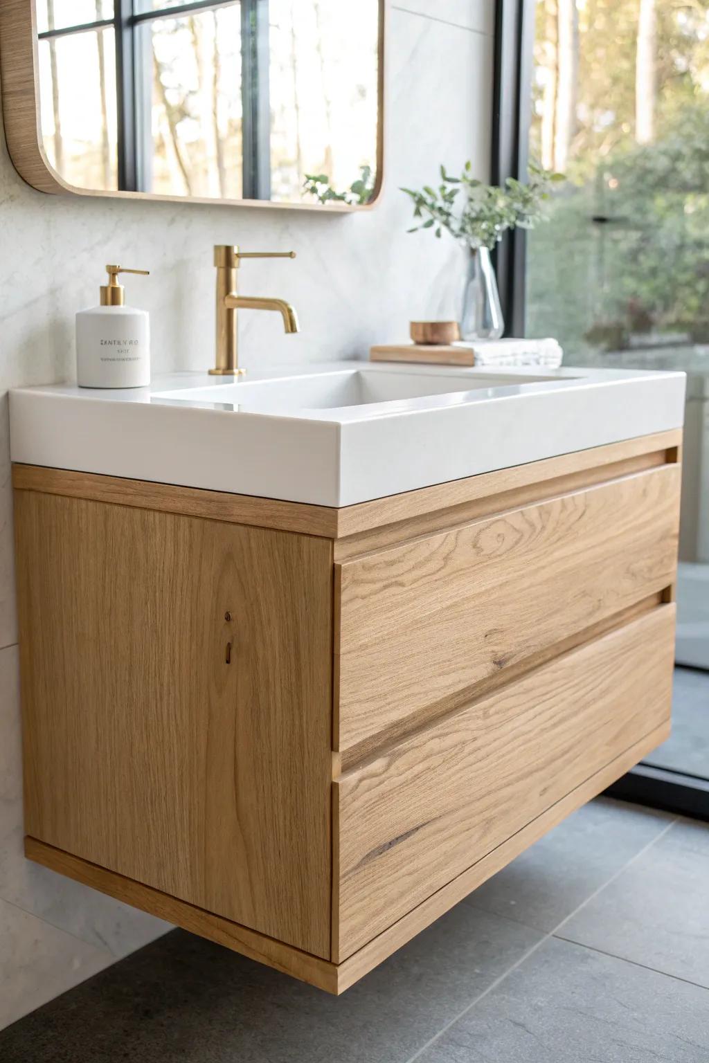 A floating half bath vanity that shows more floor—making tiny spaces feel instantly airy.