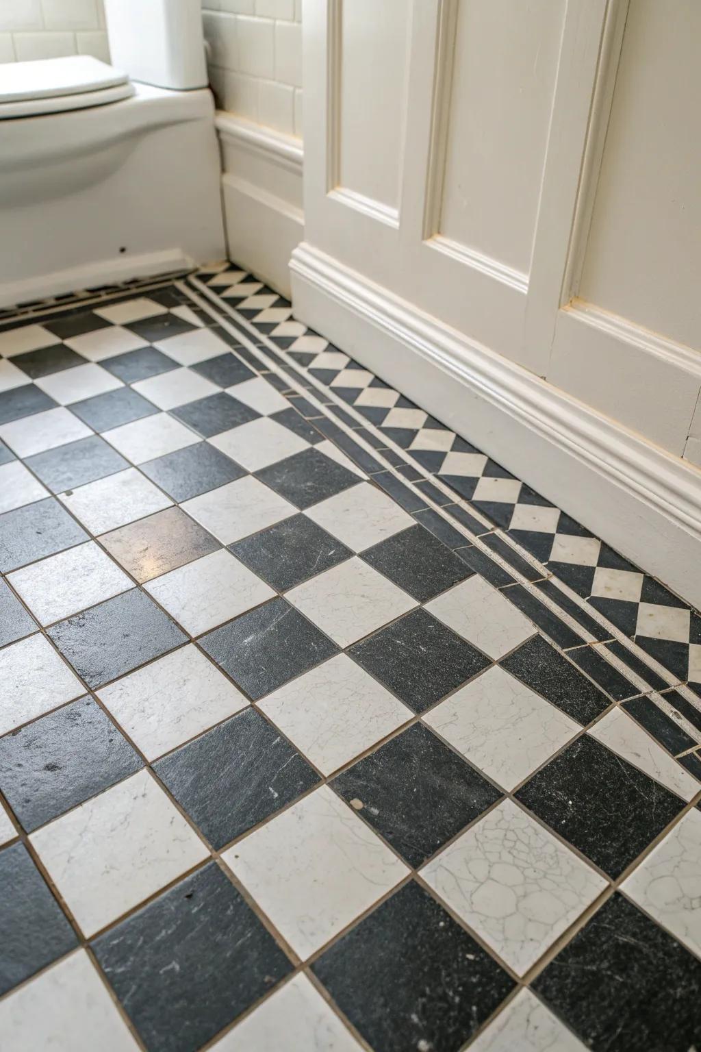 Classic black-and-white checkerboard tiles—timeless charm for the tiniest half bath.