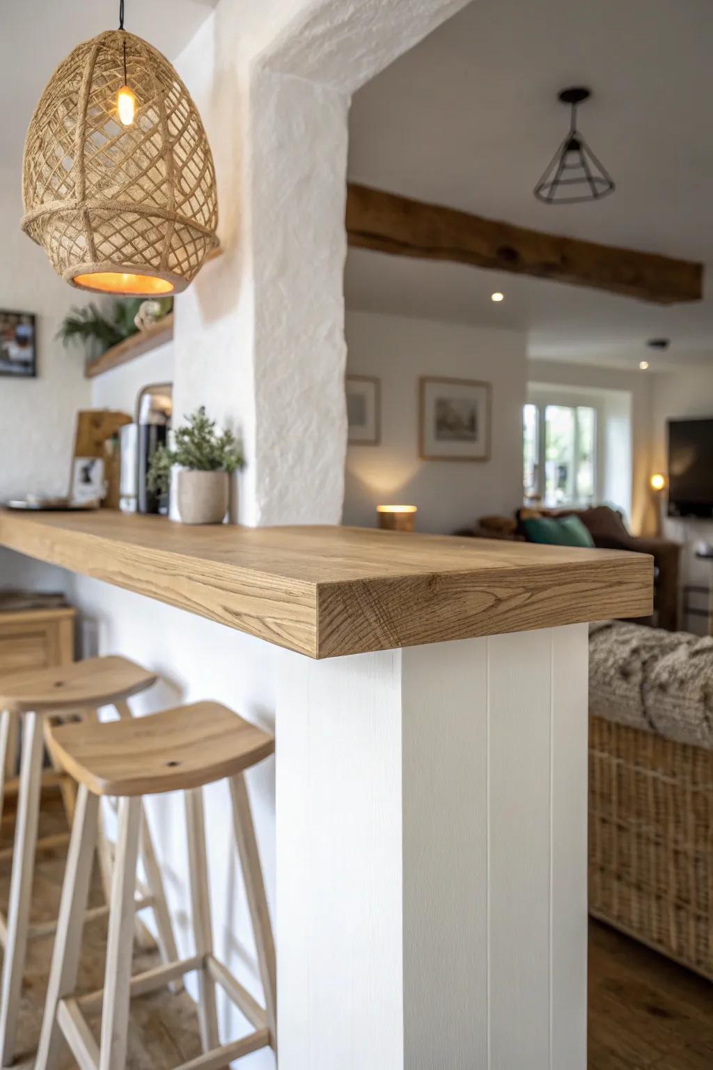 Slim oak breakfast bar over the half wall—eat-in charm without stealing floor space.