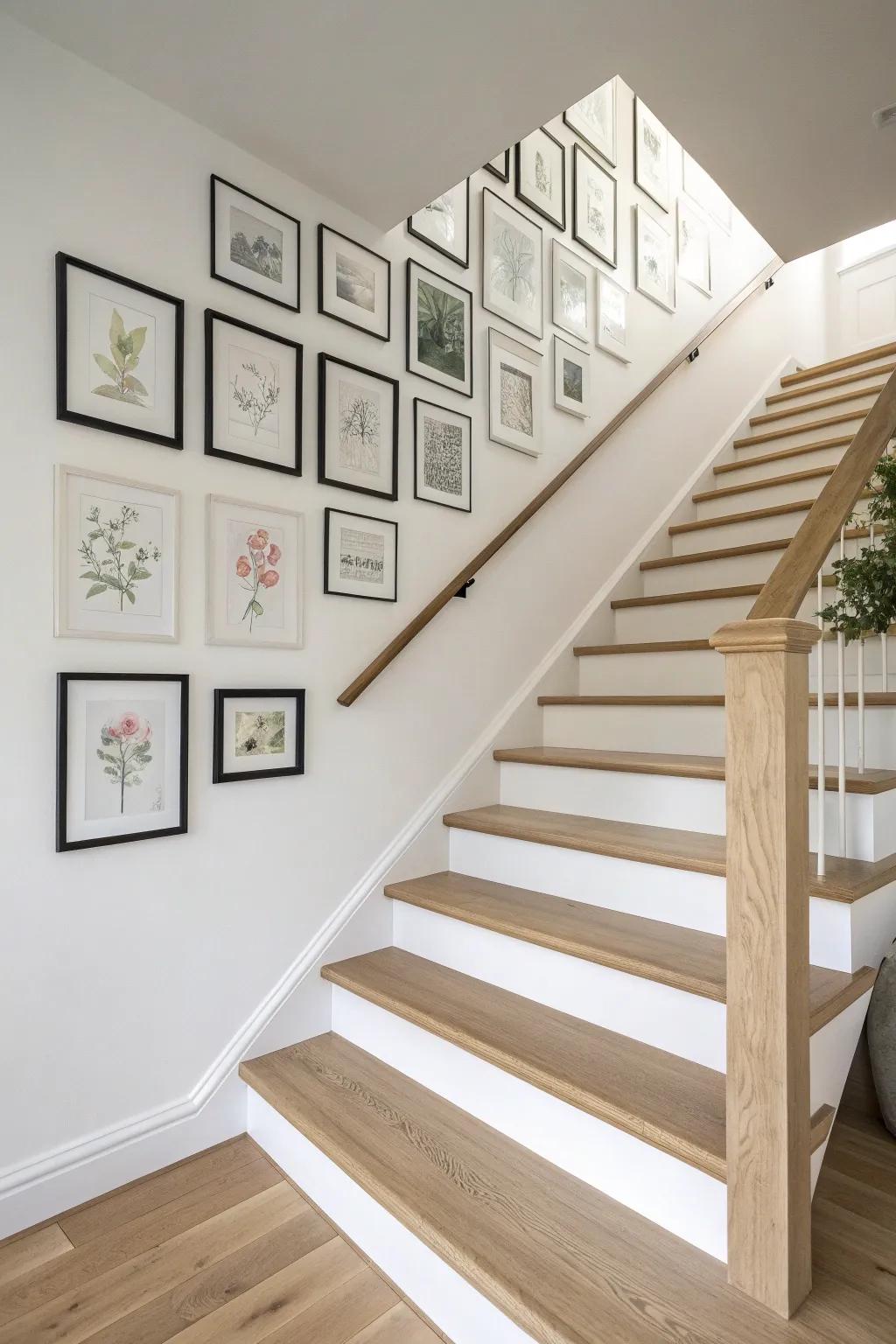 Staircase gallery wall inspo: a tidy grid of matching frames that follows the stair line.