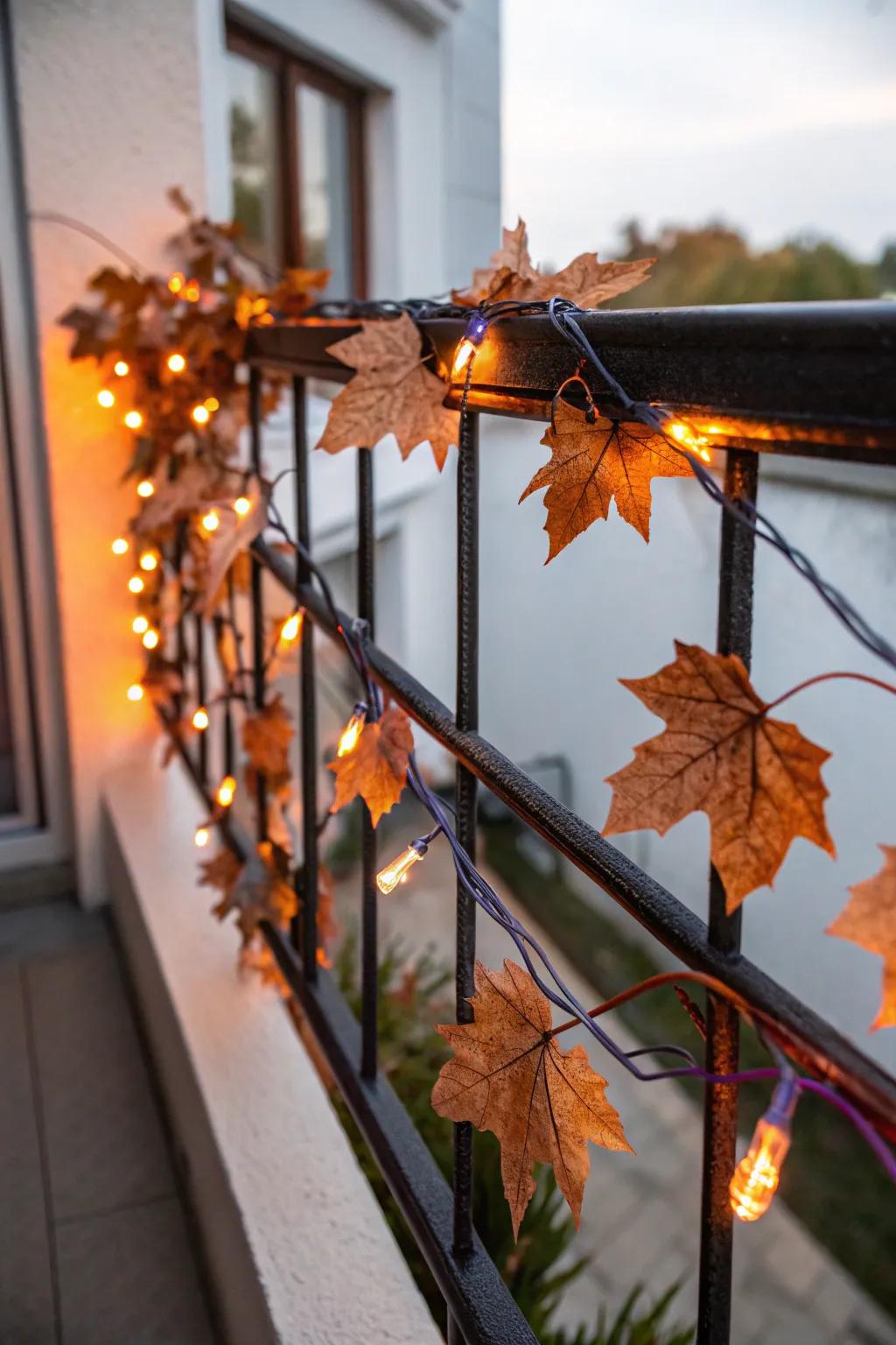 Wrap your railing in autumn leaves + orange & purple lights for instant Halloween charm.