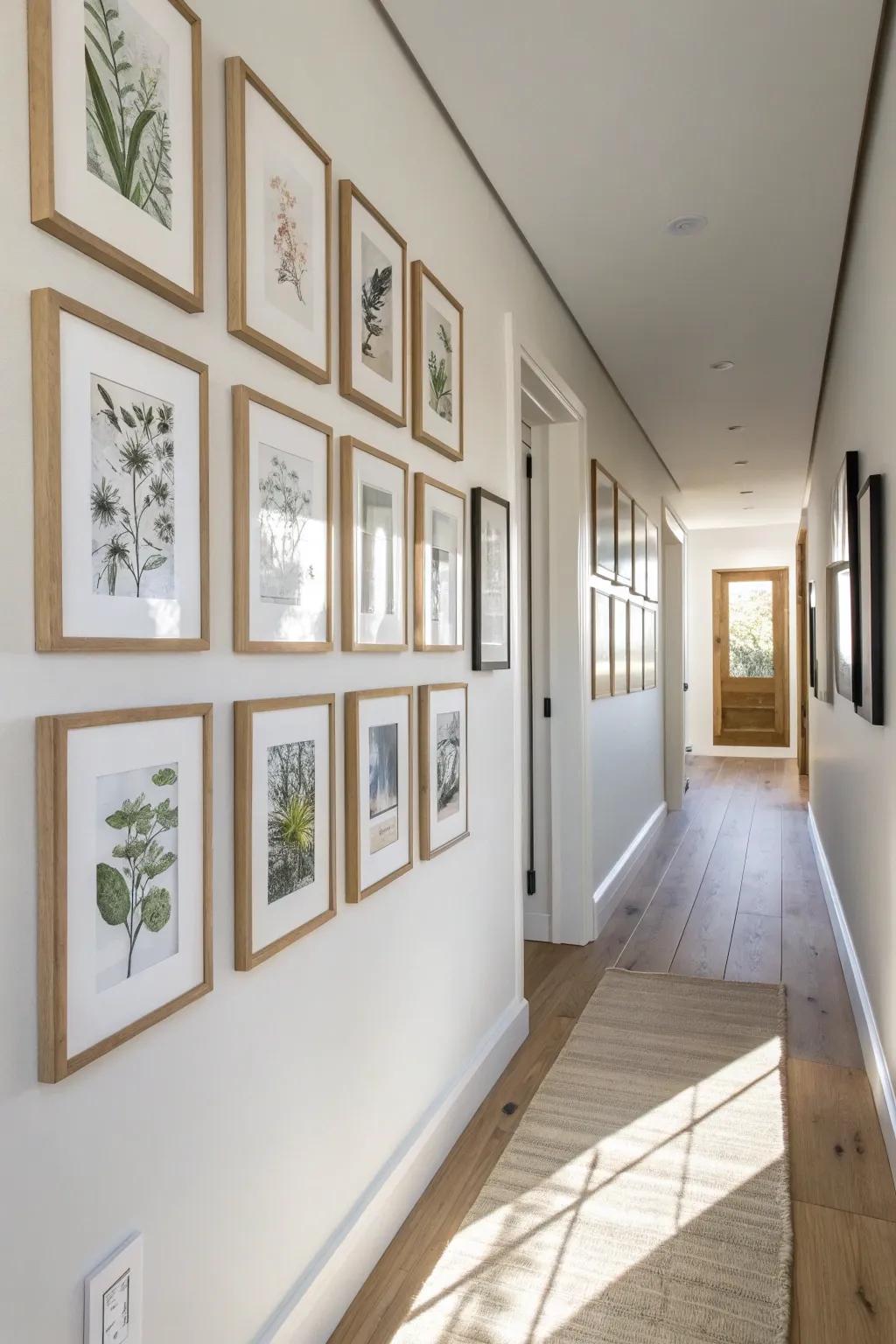 Classic mixed-frame gallery wall: curated, calm, and perfect for a tiny hallway home.