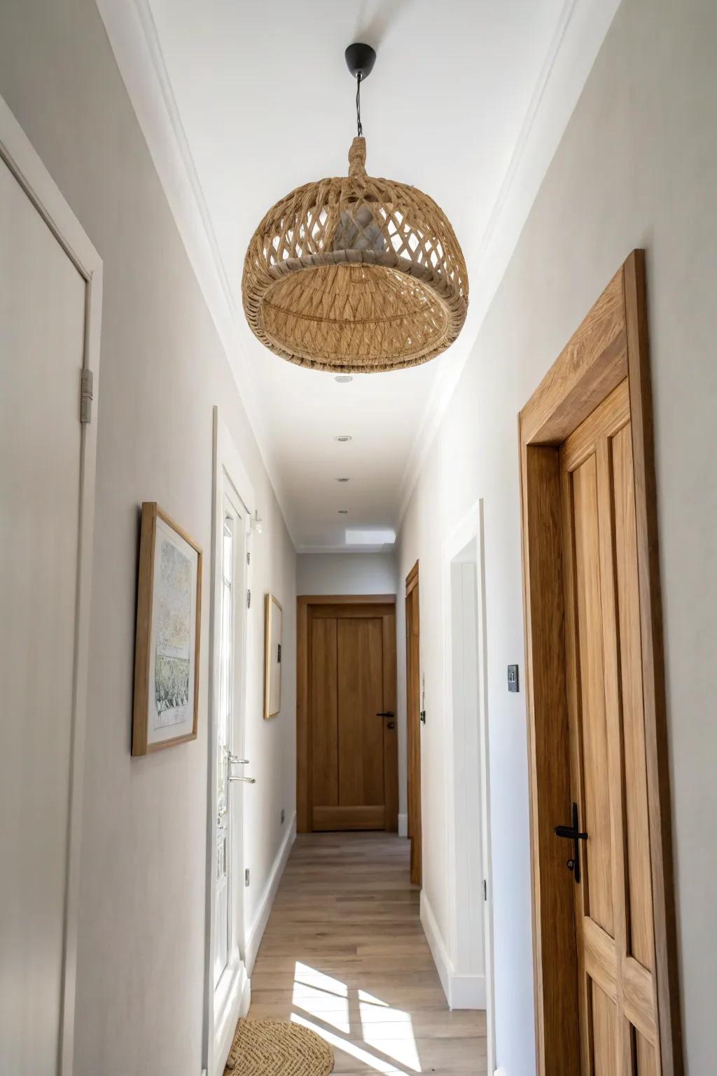 A crisp bright white ceiling and a handmade rattan pendant instantly lifts a narrow hallway.