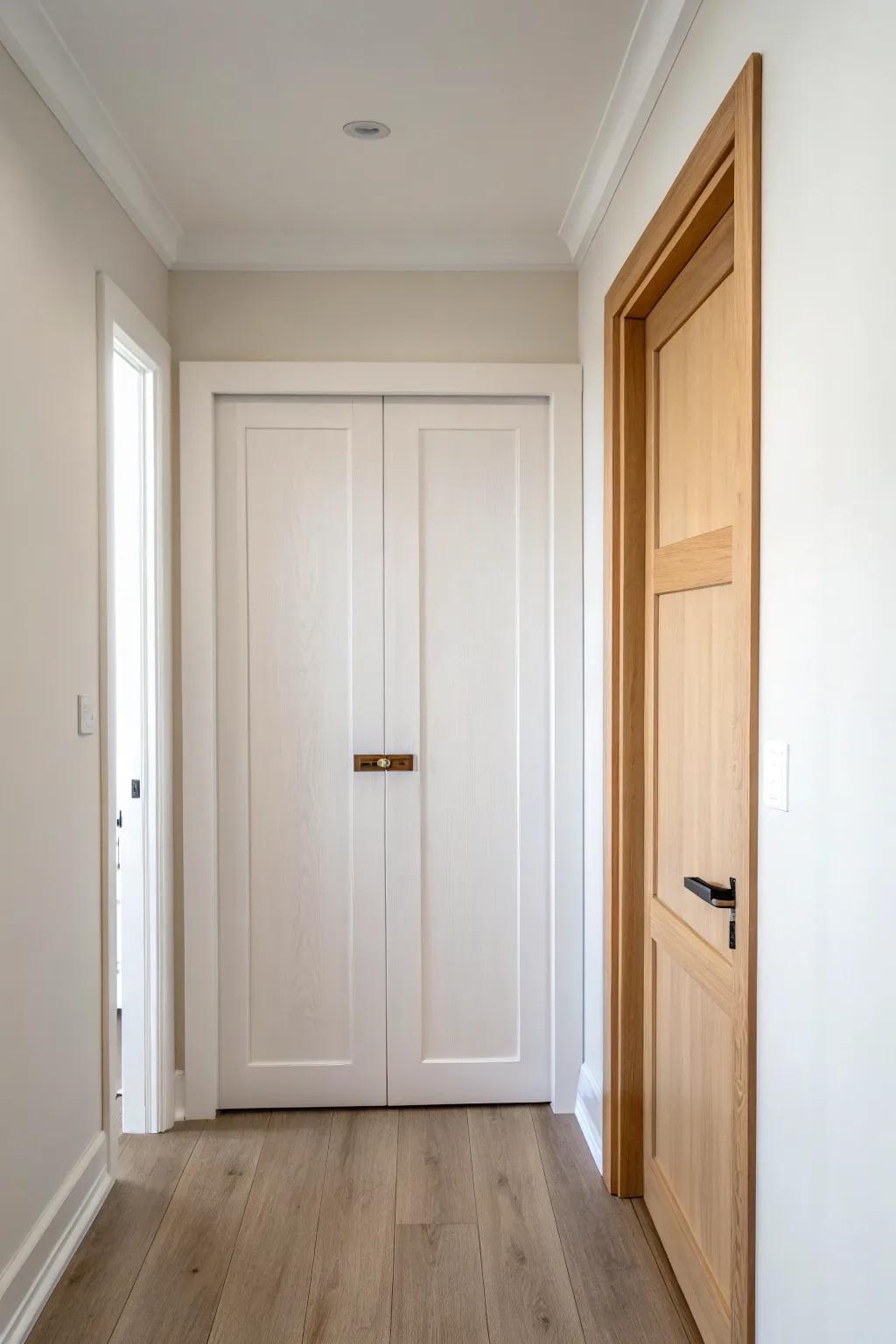 A soft warm-white closet door brightens a narrow hallway—cleanable finish for everyday touch-ups.