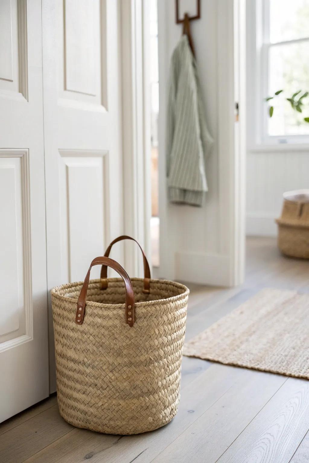 Start with a full empty-out: one beautiful basket makes sorting your hallway closet effortless.