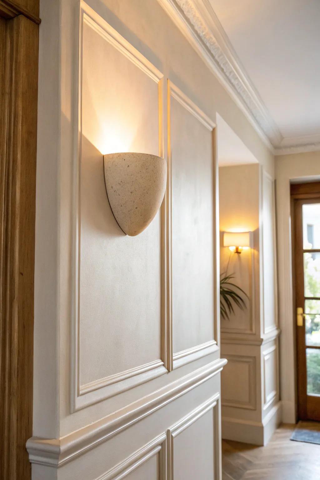 Soft warm white walls with subtle trim contrast make this hallway feel brighter, never stark.