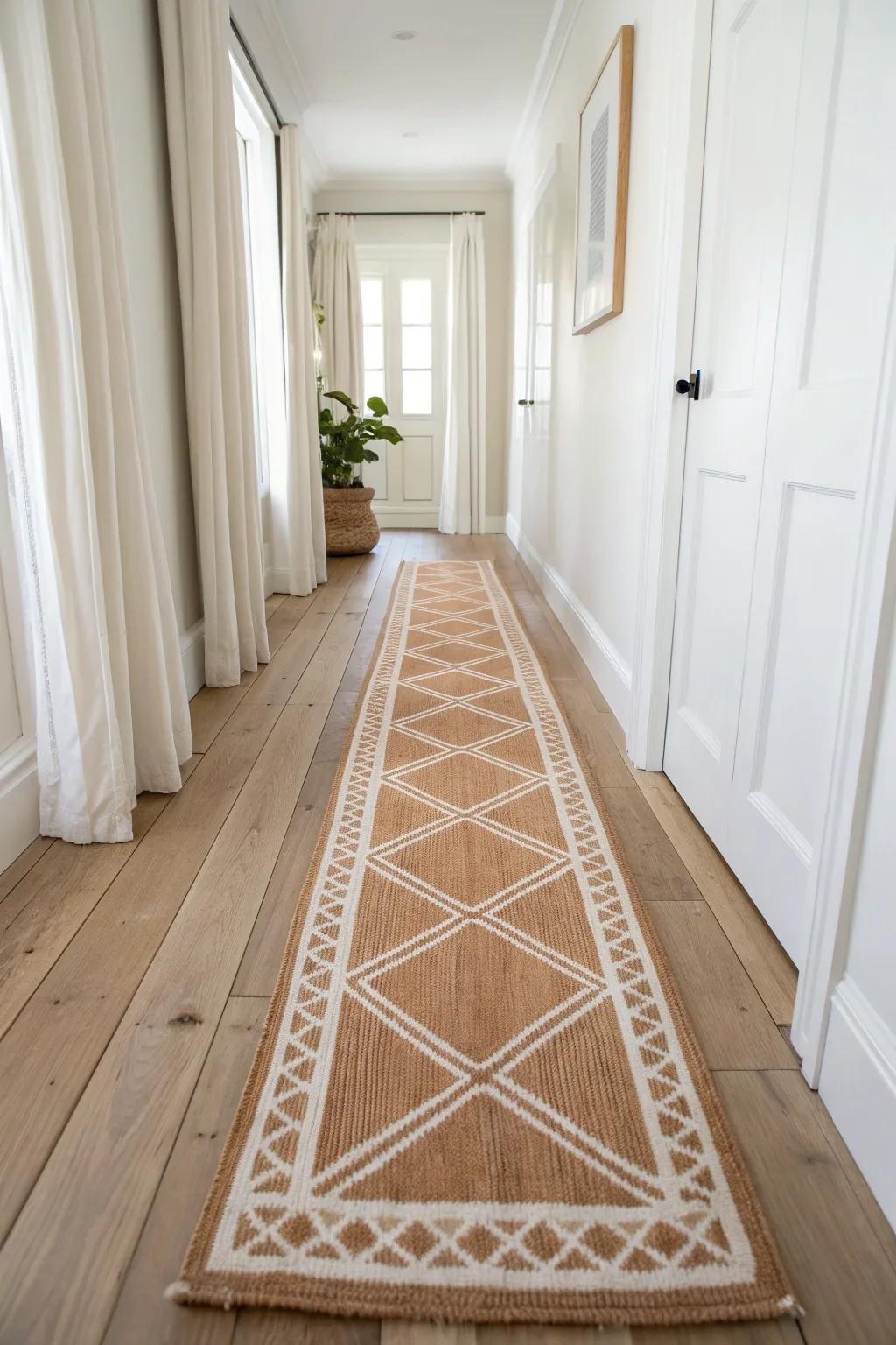 A long runner adds warmth and direction—perfect for making a narrow hallway feel finished.