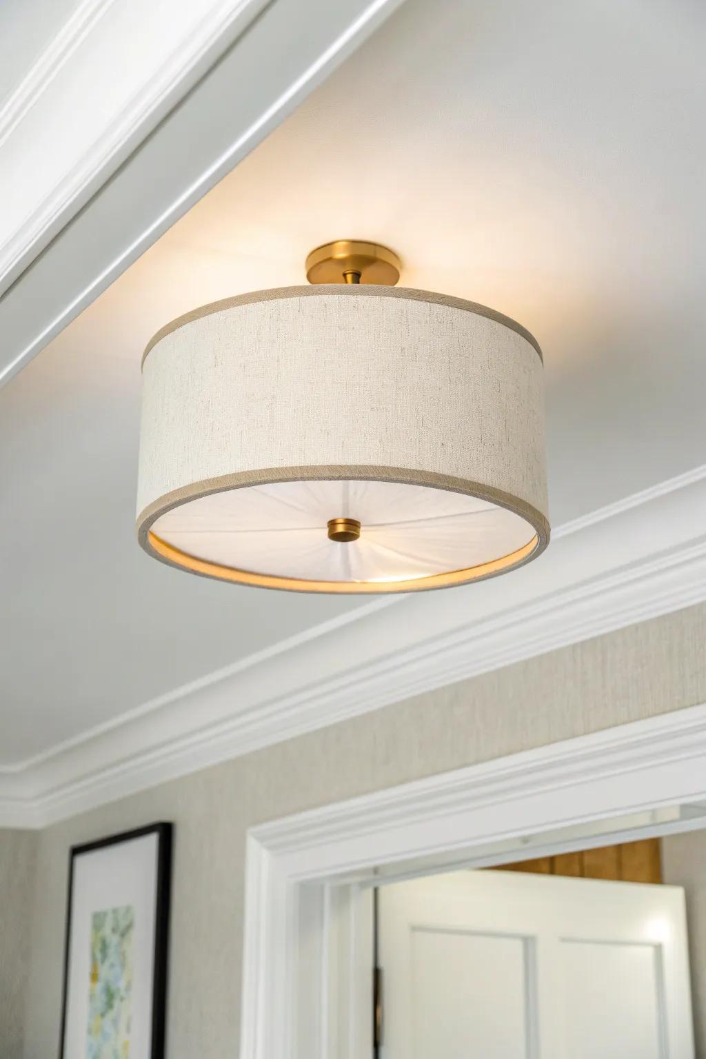 Low ceiling? A flush-mount linen drum adds bright, even light without visual clutter.