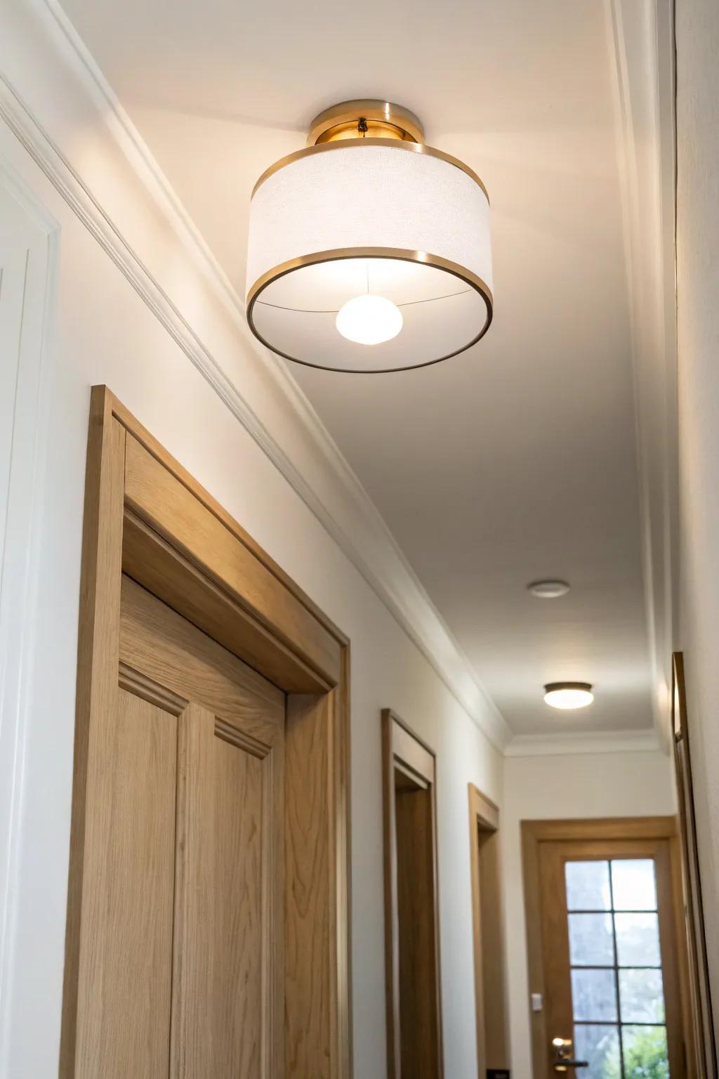 Bright, ceiling-hugging flush mount that keeps narrow hallways airy and clutter-free.